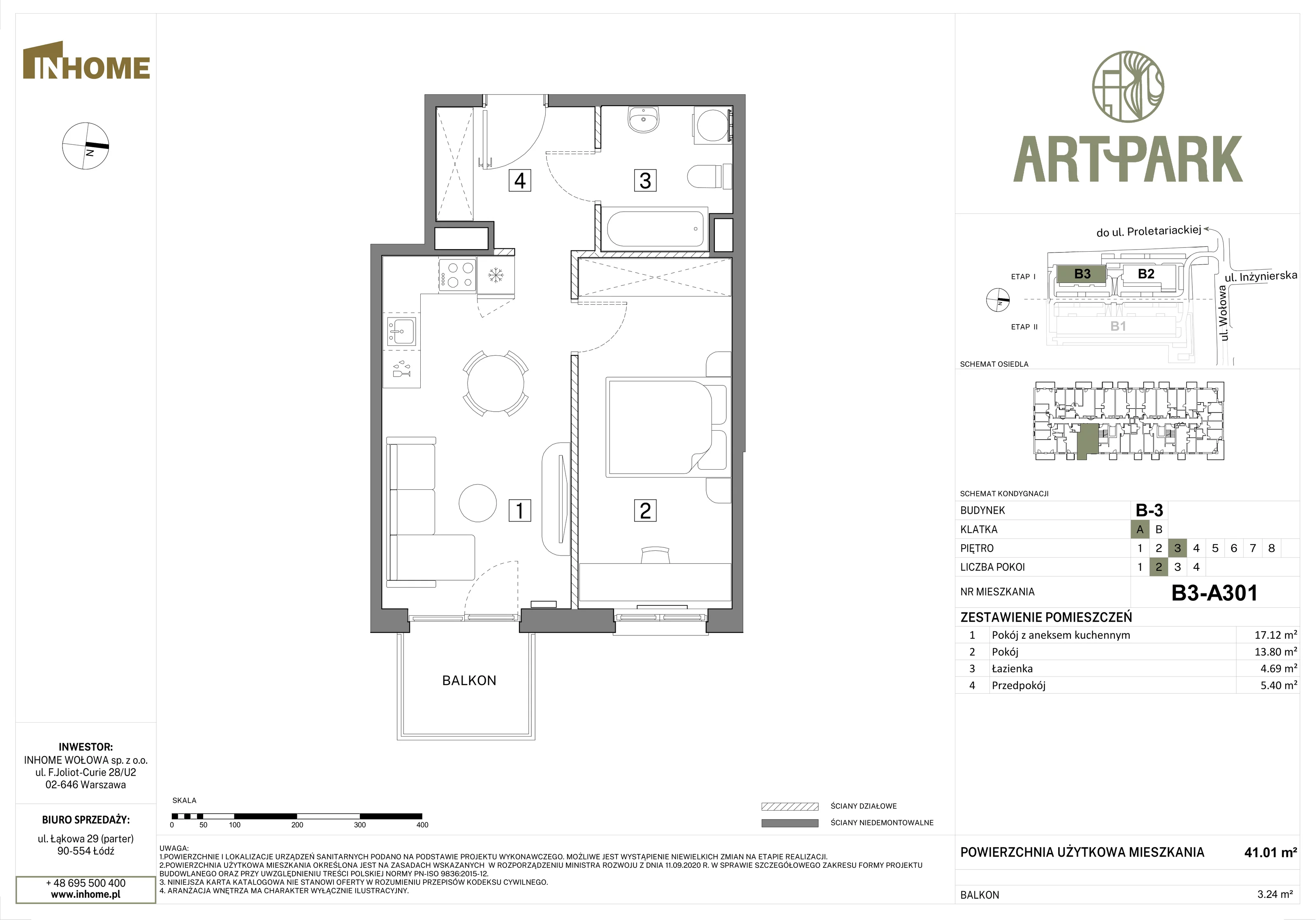 2 pokoje, mieszkanie 40,96 m², piętro 3, oferta nr B3/A301, Osiedle ArtPark, Łódź, Polesie, ul. Wołowa 4a
