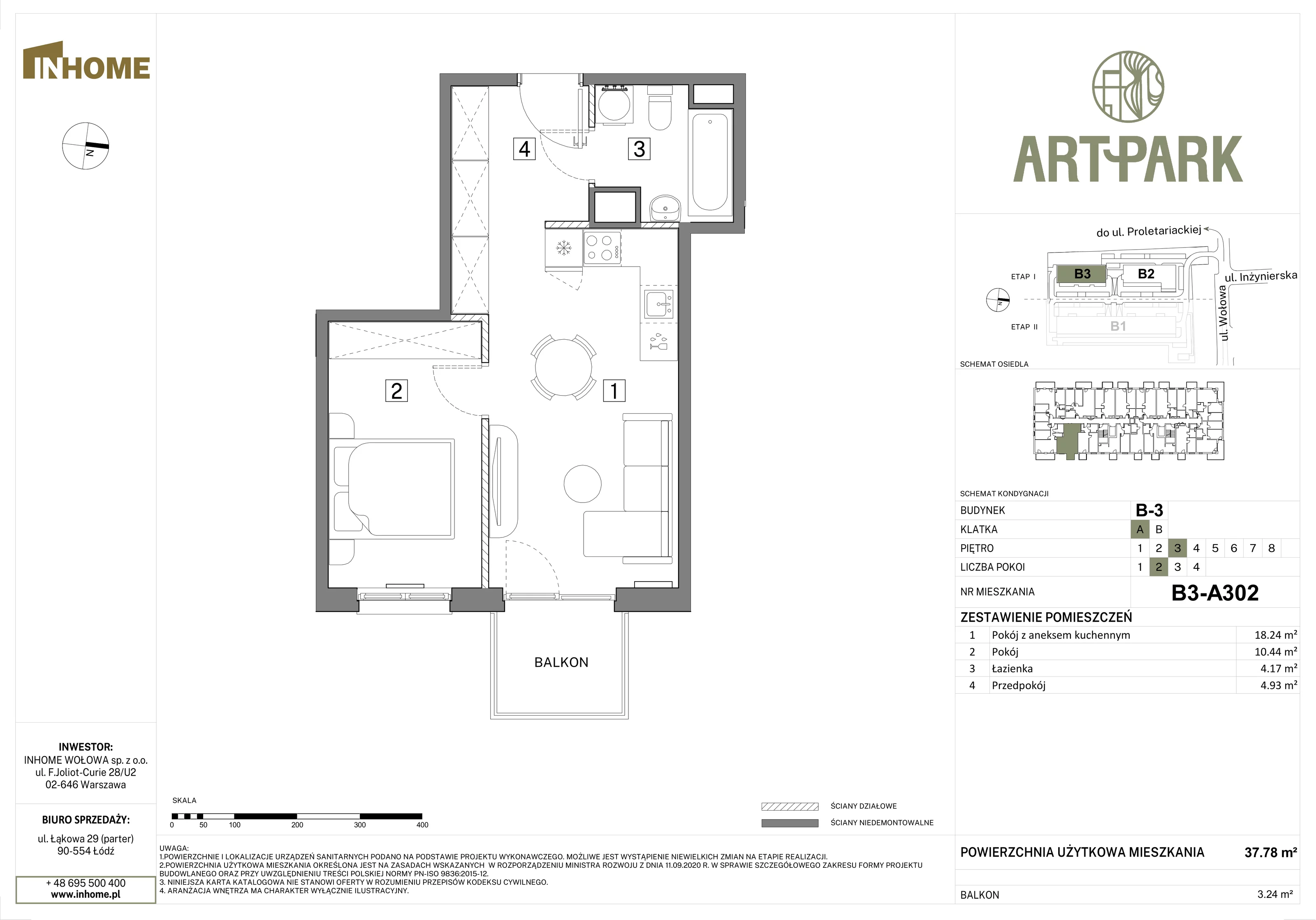 2 pokoje, mieszkanie 37,78 m², piętro 3, oferta nr B3/A302, Osiedle ArtPark, Łódź, Polesie, ul. Wołowa 4a