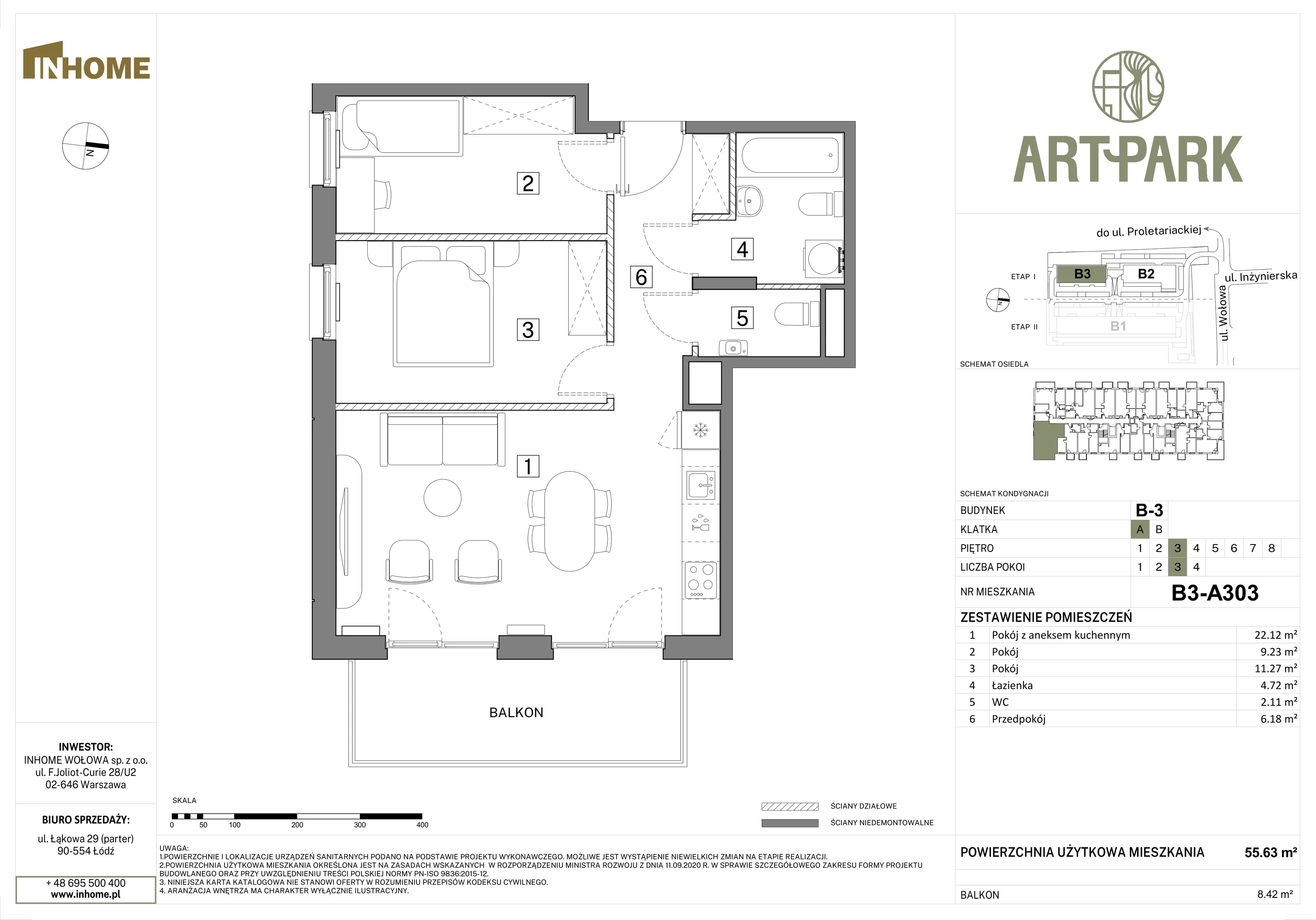 3 pokoje, mieszkanie 55,60 m², piętro 3, oferta nr B3/A303, Osiedle ArtPark, Łódź, Polesie, ul. Wołowa 4a