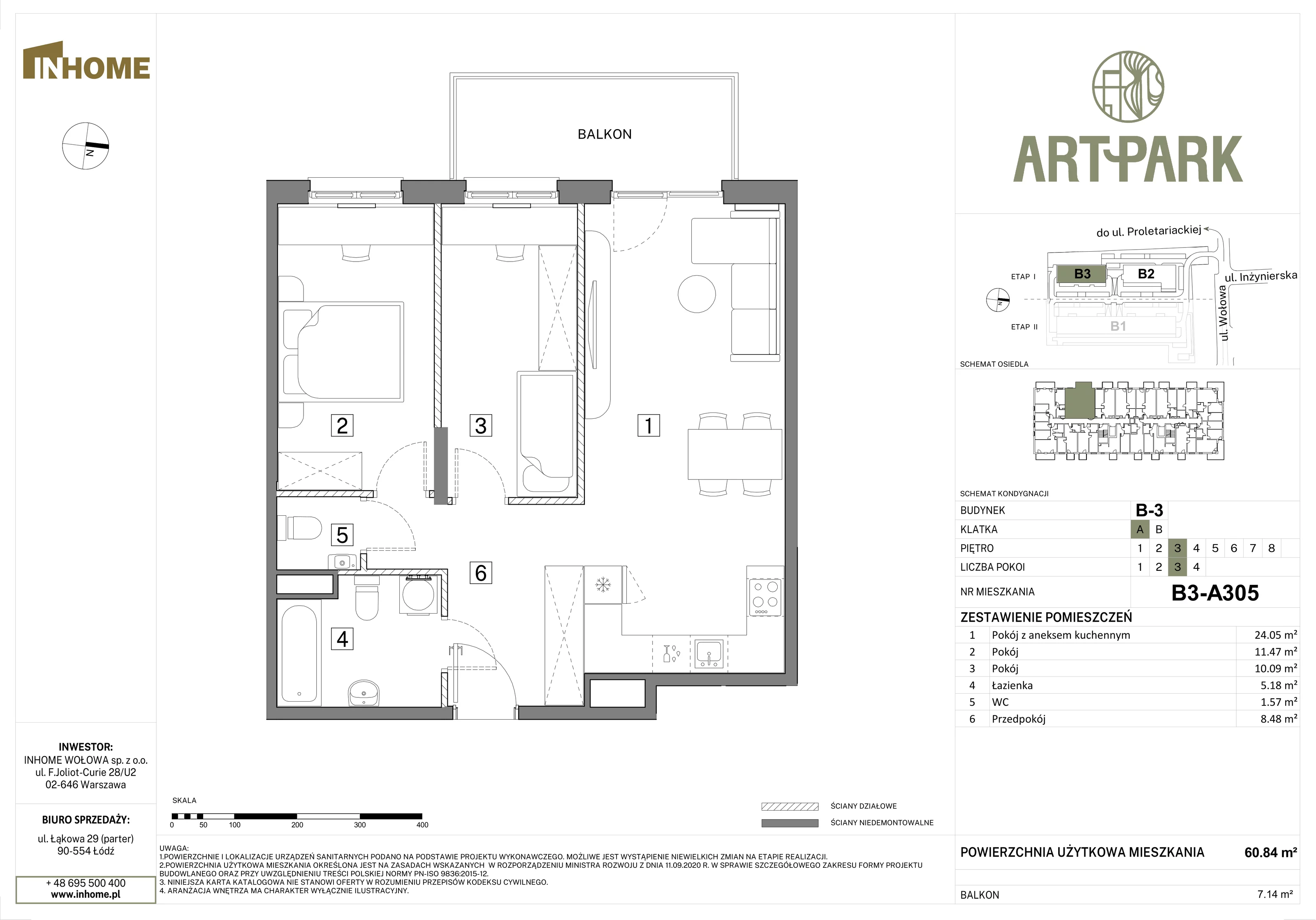 3 pokoje, mieszkanie 60,81 m², piętro 3, oferta nr B3/A305, Osiedle ArtPark, Łódź, Polesie, ul. Wołowa 4a