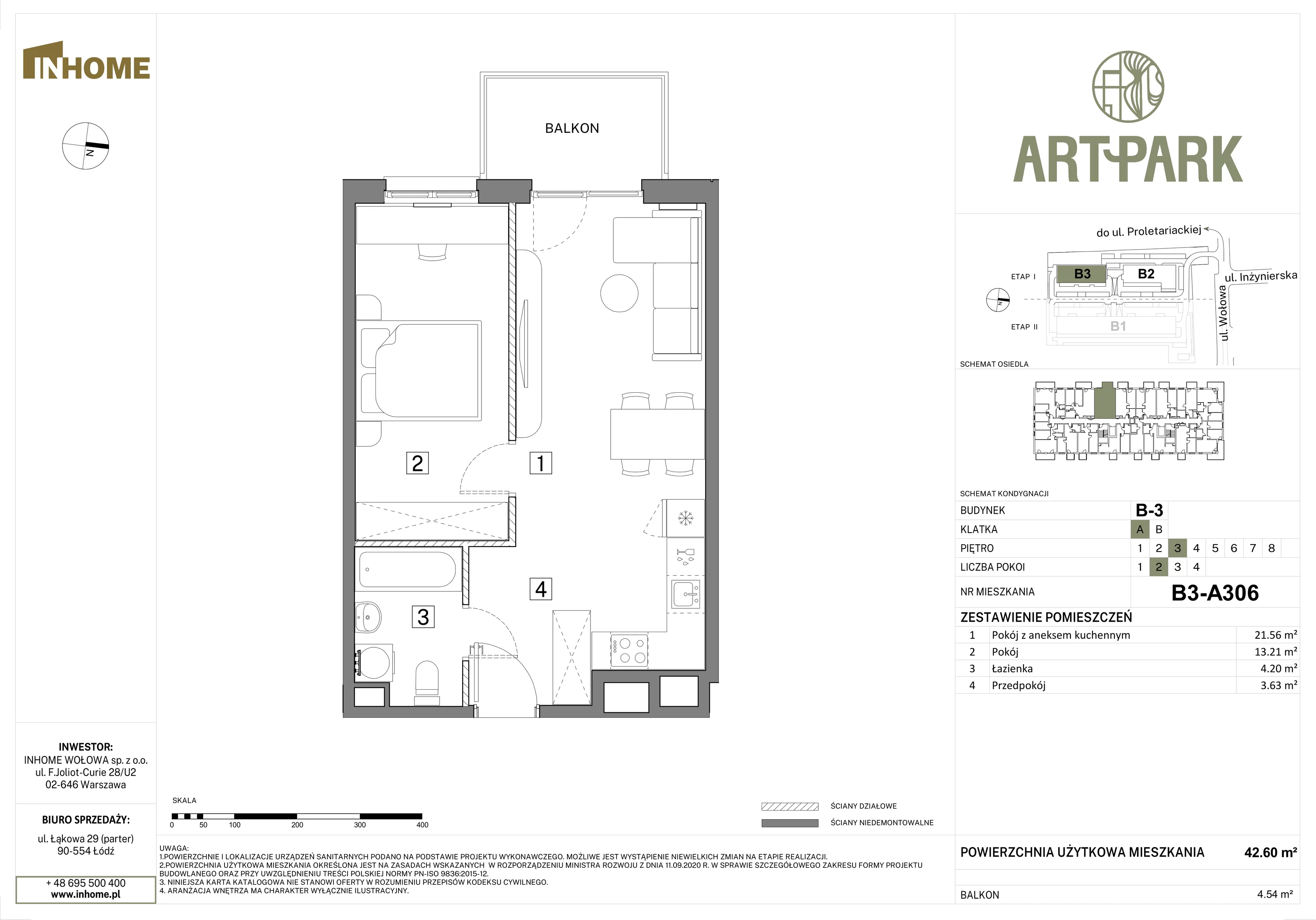 2 pokoje, mieszkanie 42,60 m², piętro 3, oferta nr B3/A306, Osiedle ArtPark, Łódź, Polesie, ul. Wołowa 4a