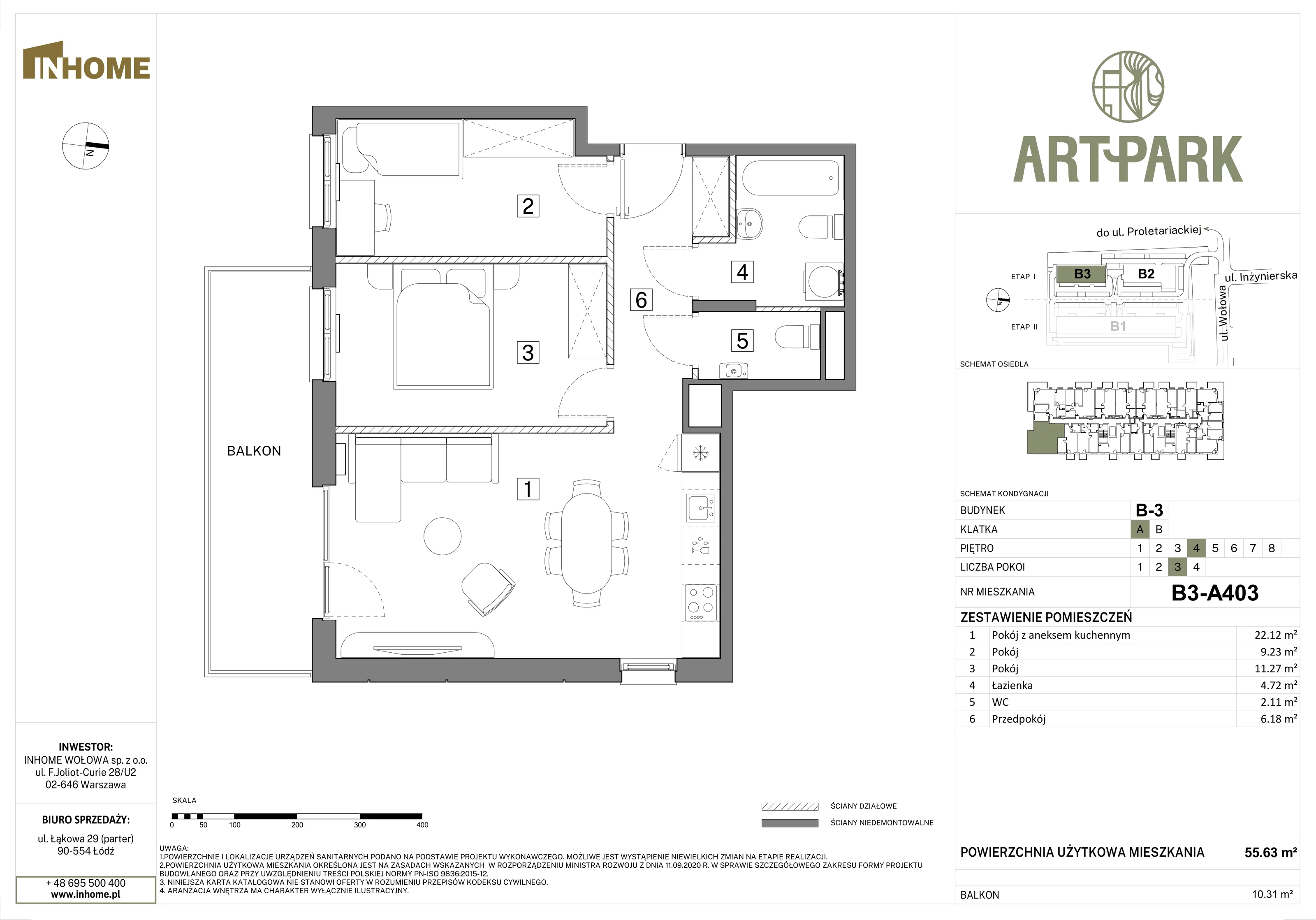 3 pokoje, mieszkanie 55,60 m², piętro 4, oferta nr B3/A403, Osiedle ArtPark, Łódź, Polesie, ul. Wołowa 4a