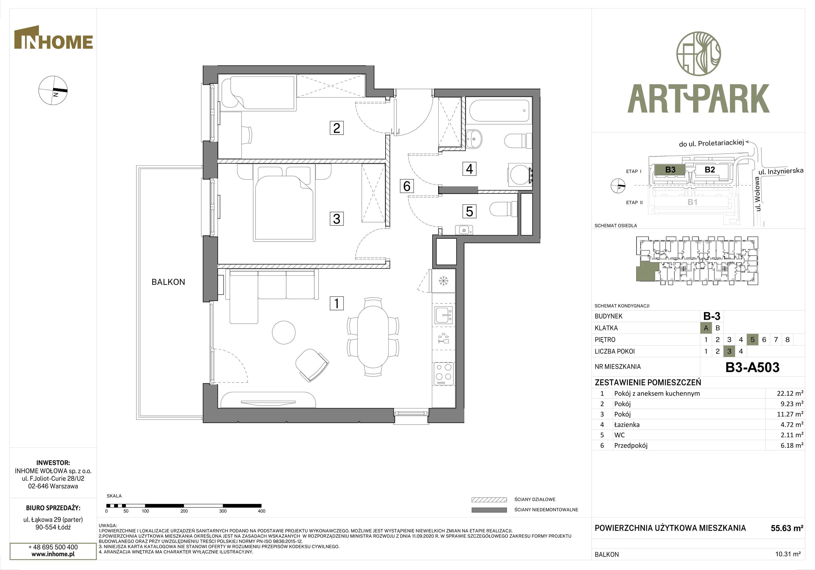 3 pokoje, mieszkanie 55,60 m², piętro 5, oferta nr B3/A503, Osiedle ArtPark, Łódź, Polesie, ul. Wołowa 4a