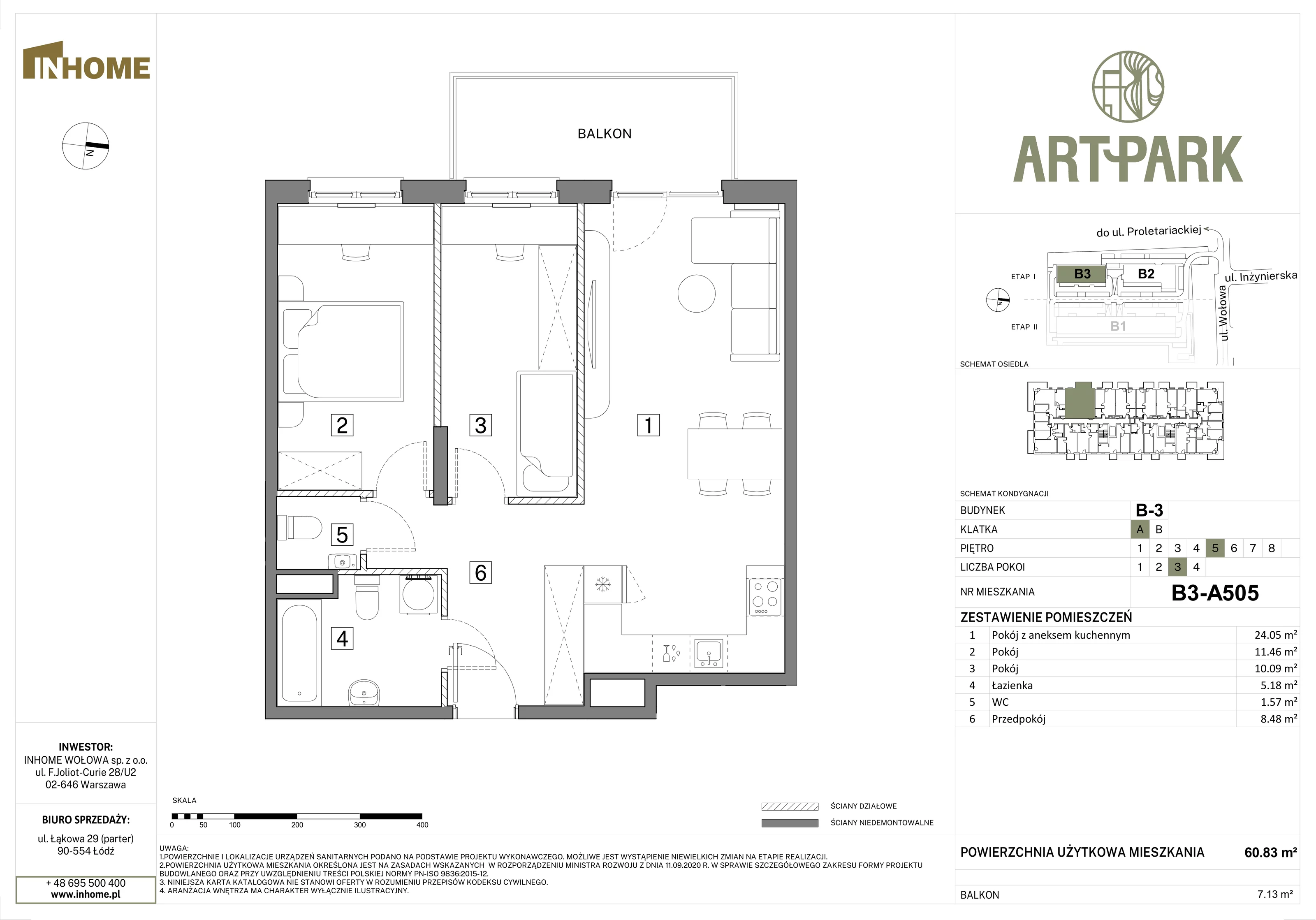 3 pokoje, mieszkanie 60,81 m², piętro 5, oferta nr B3/A505, Osiedle ArtPark, Łódź, Polesie, ul. Wołowa 4a