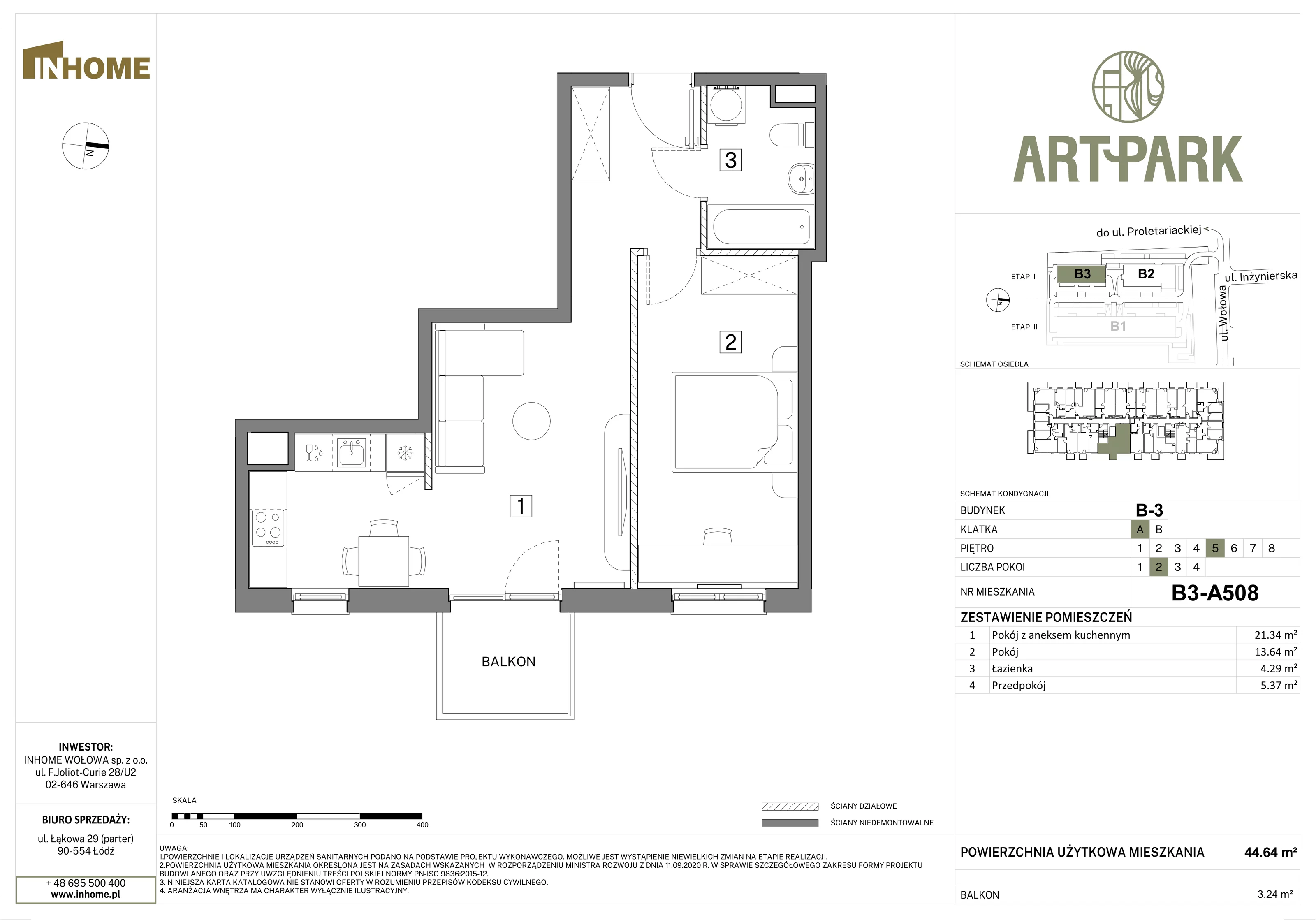 2 pokoje, mieszkanie 44,61 m², piętro 5, oferta nr B3/A508, Osiedle ArtPark, Łódź, Polesie, ul. Wołowa 4a