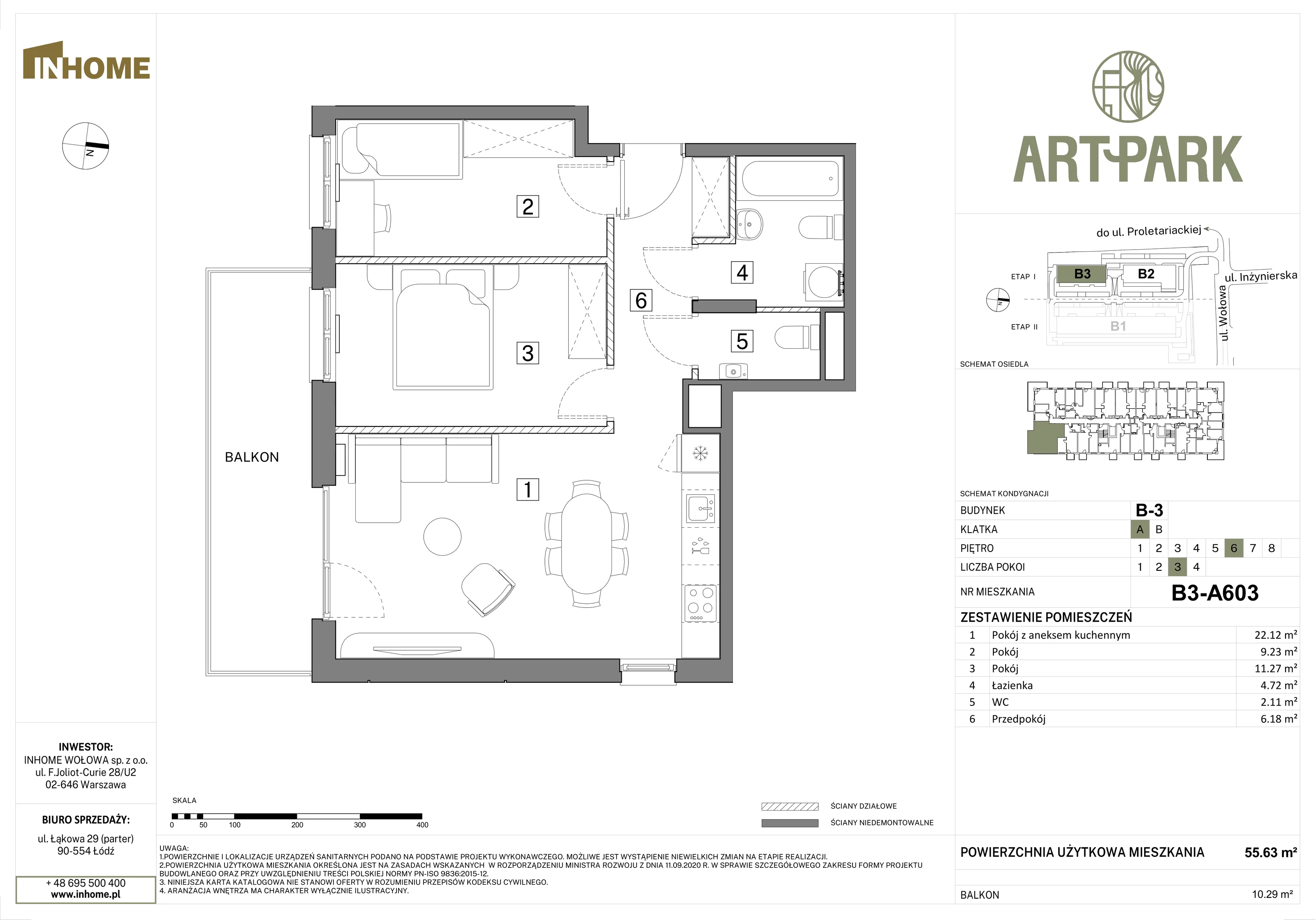 3 pokoje, mieszkanie 55,60 m², piętro 6, oferta nr B3/A603, Osiedle ArtPark, Łódź, Polesie, ul. Wołowa 4a