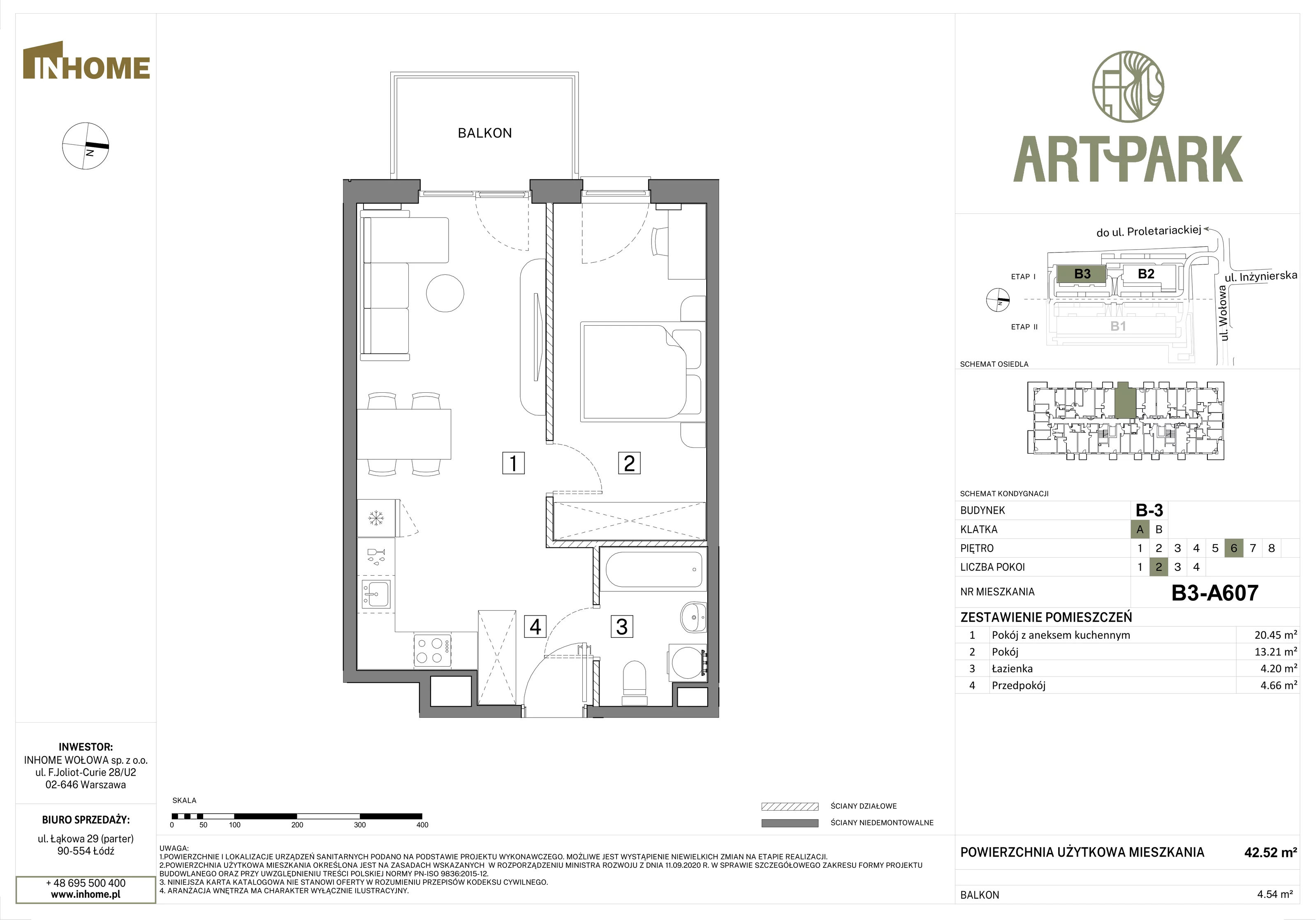 2 pokoje, mieszkanie 42,52 m², piętro 6, oferta nr B3/A607, Osiedle ArtPark, Łódź, Polesie, ul. Wołowa 4a