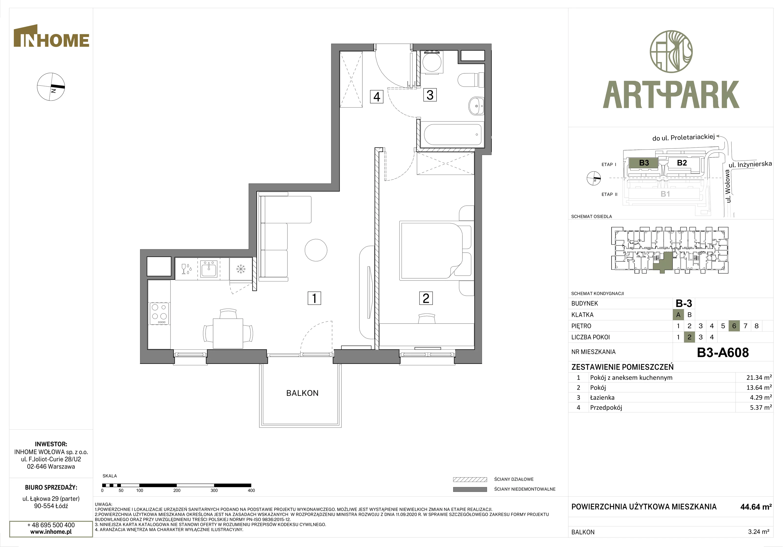 2 pokoje, mieszkanie 44,61 m², piętro 6, oferta nr B3/A608, Osiedle ArtPark, Łódź, Polesie, ul. Wołowa 4a