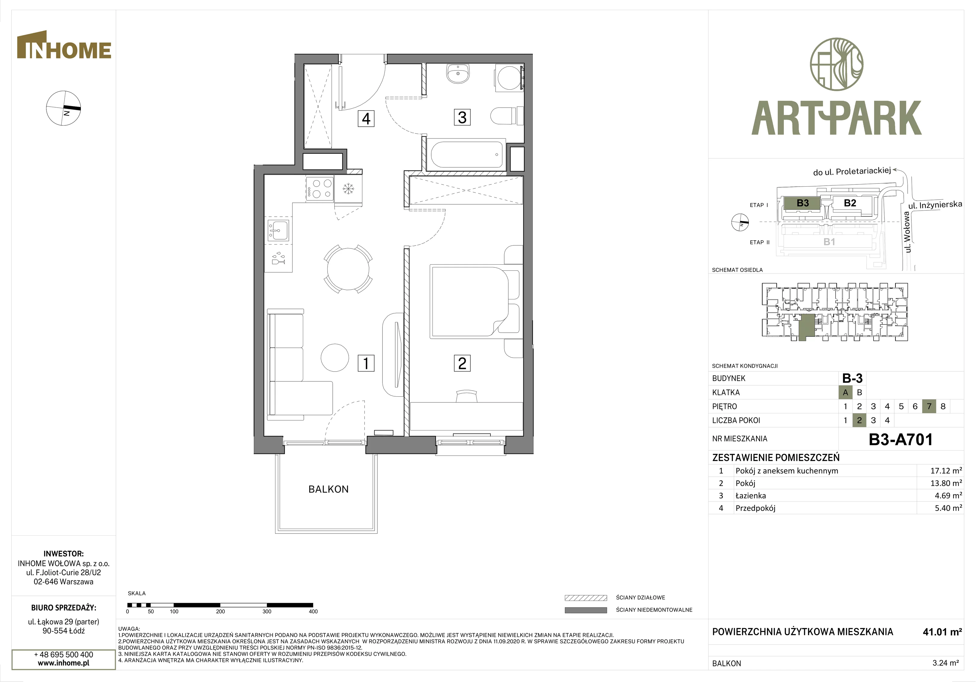 2 pokoje, mieszkanie 40,99 m², piętro 7, oferta nr B3/A701, Osiedle ArtPark, Łódź, Polesie, ul. Wołowa 4a