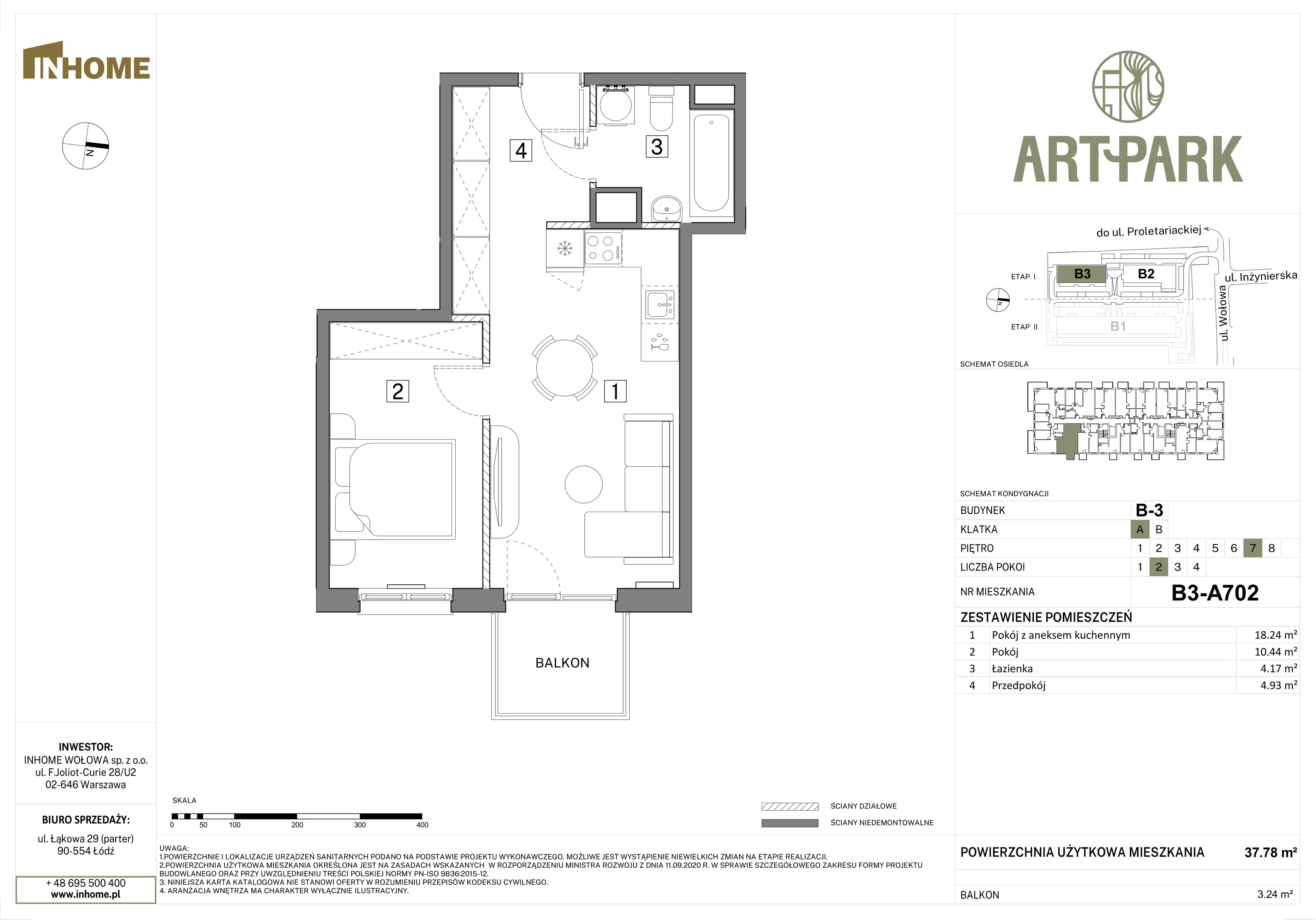 2 pokoje, mieszkanie 37,78 m², piętro 7, oferta nr B3/A702, Osiedle ArtPark, Łódź, Polesie, ul. Wołowa 4a
