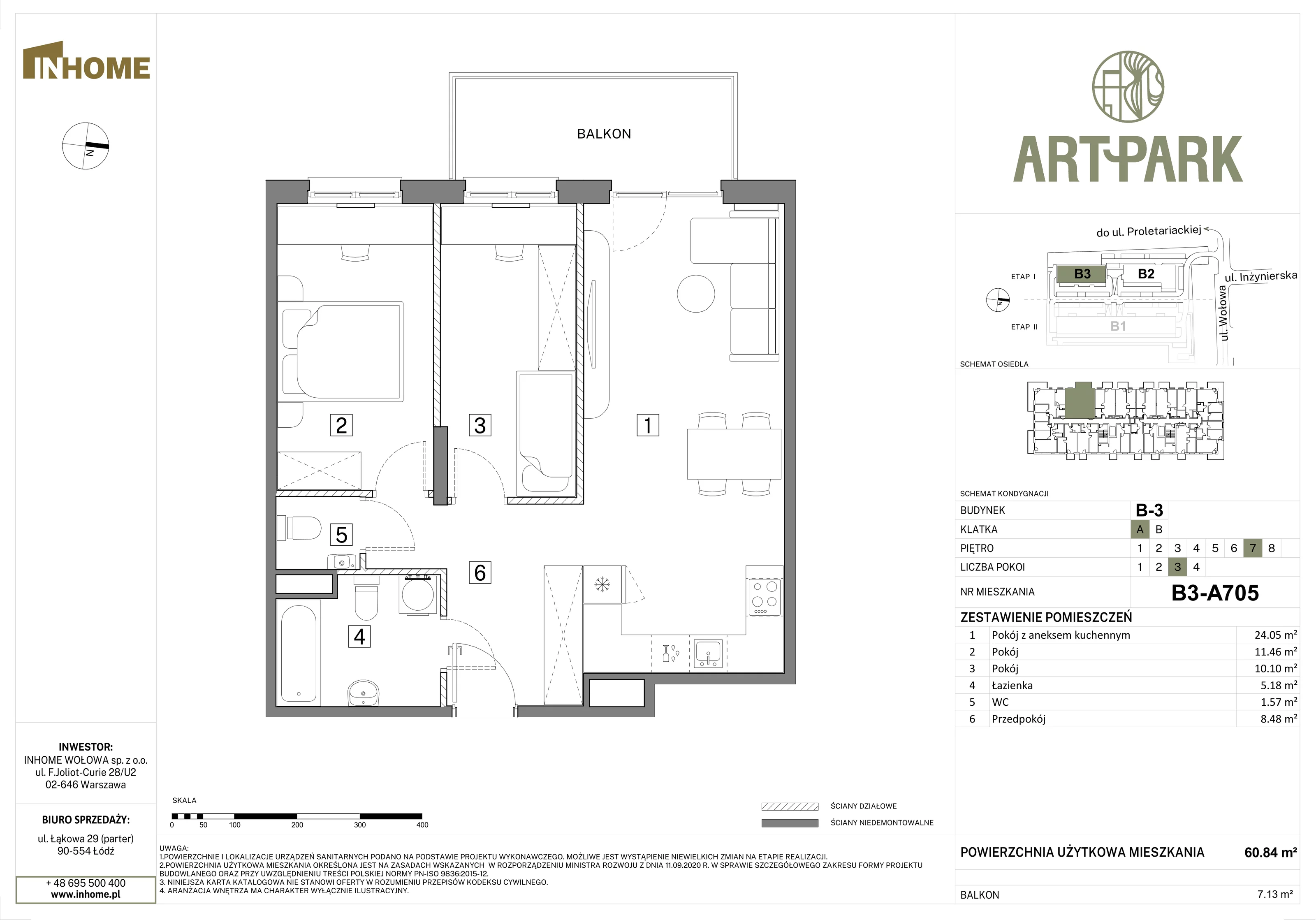 3 pokoje, mieszkanie 60,80 m², piętro 7, oferta nr B3/A705, Osiedle ArtPark, Łódź, Polesie, ul. Wołowa 4a