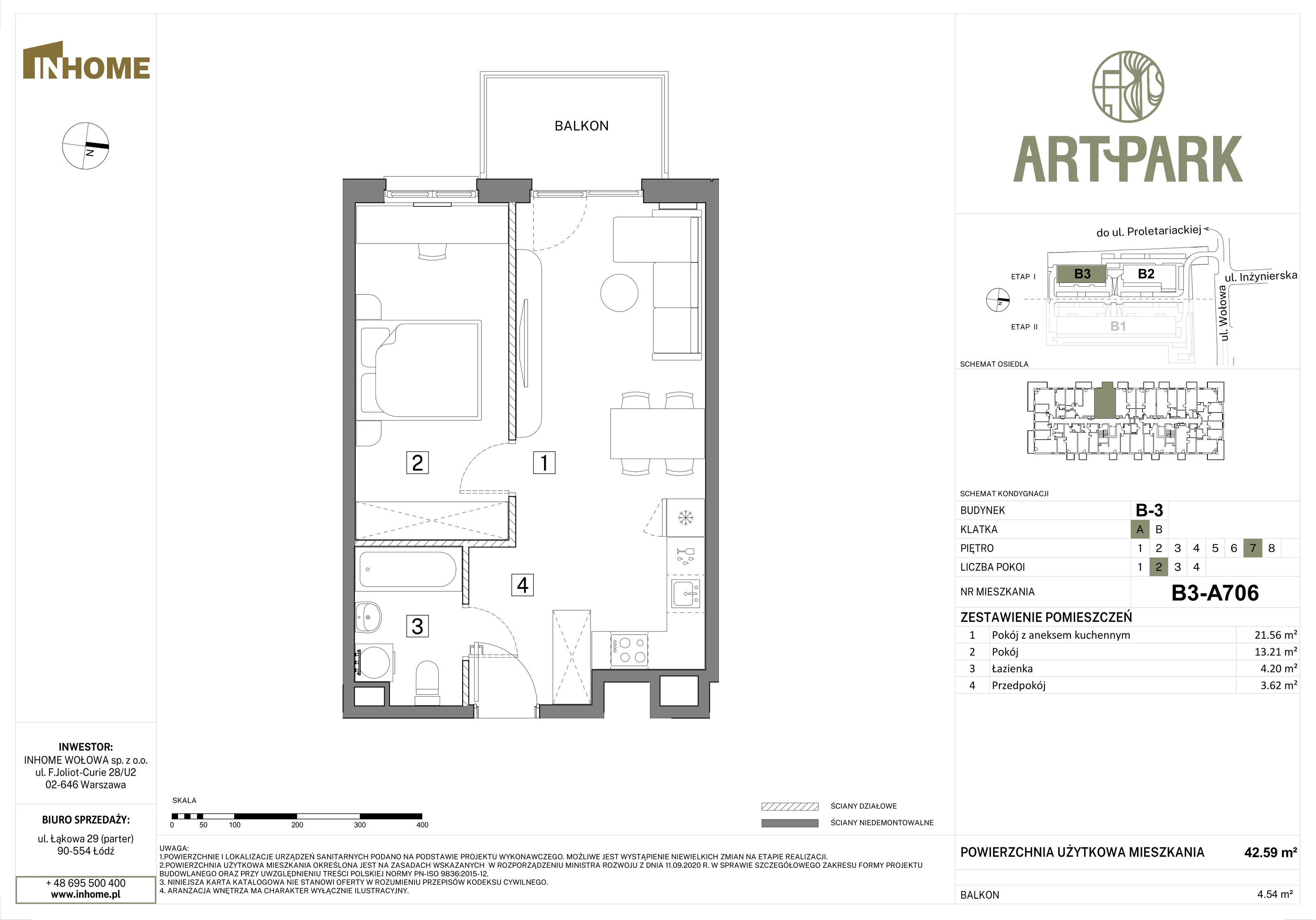 2 pokoje, mieszkanie 42,59 m², piętro 7, oferta nr B3/A706, Osiedle ArtPark, Łódź, Polesie, ul. Wołowa 4a