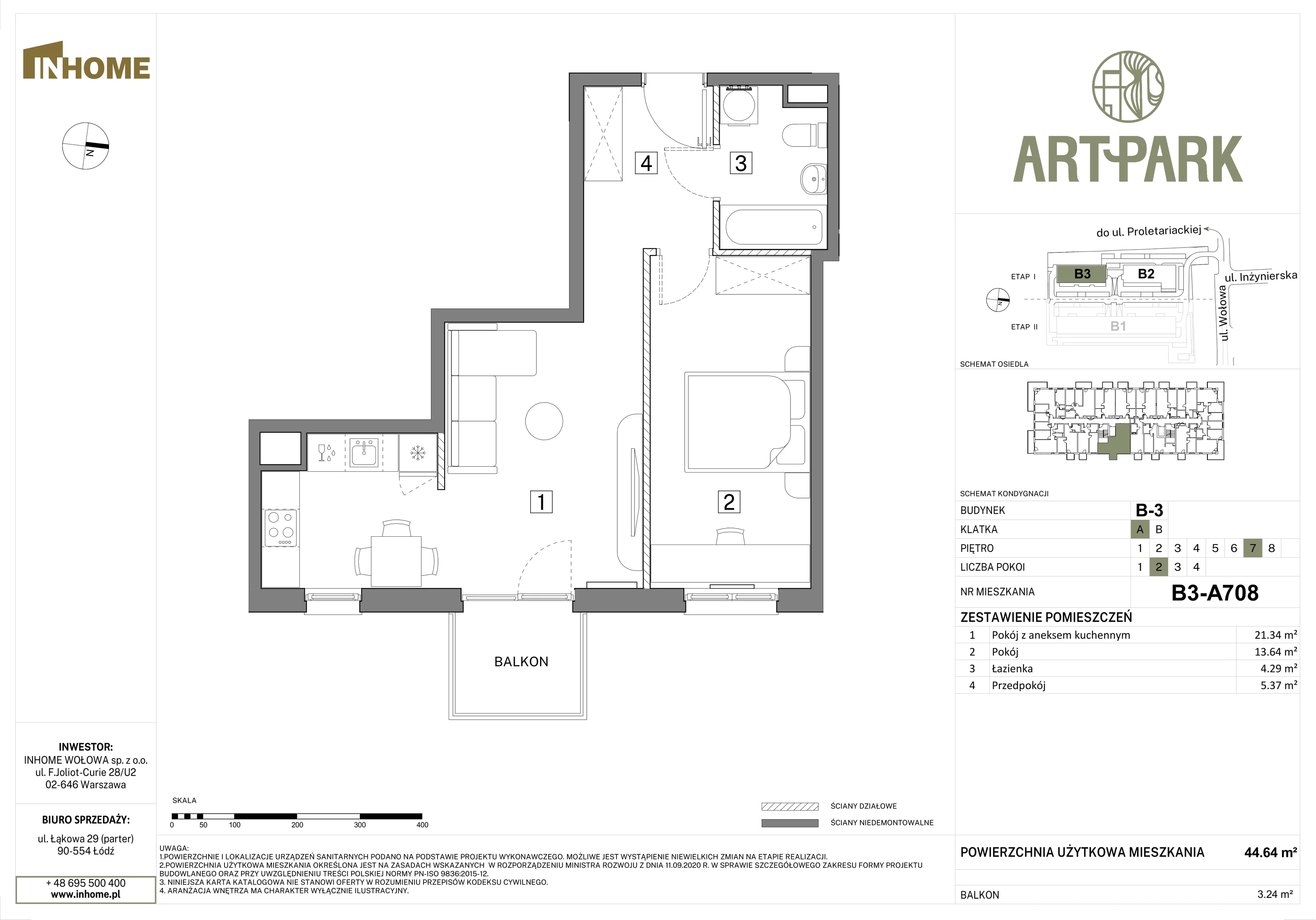 2 pokoje, mieszkanie 44,59 m², piętro 7, oferta nr B3/A708, Osiedle ArtPark, Łódź, Polesie, ul. Wołowa 4a