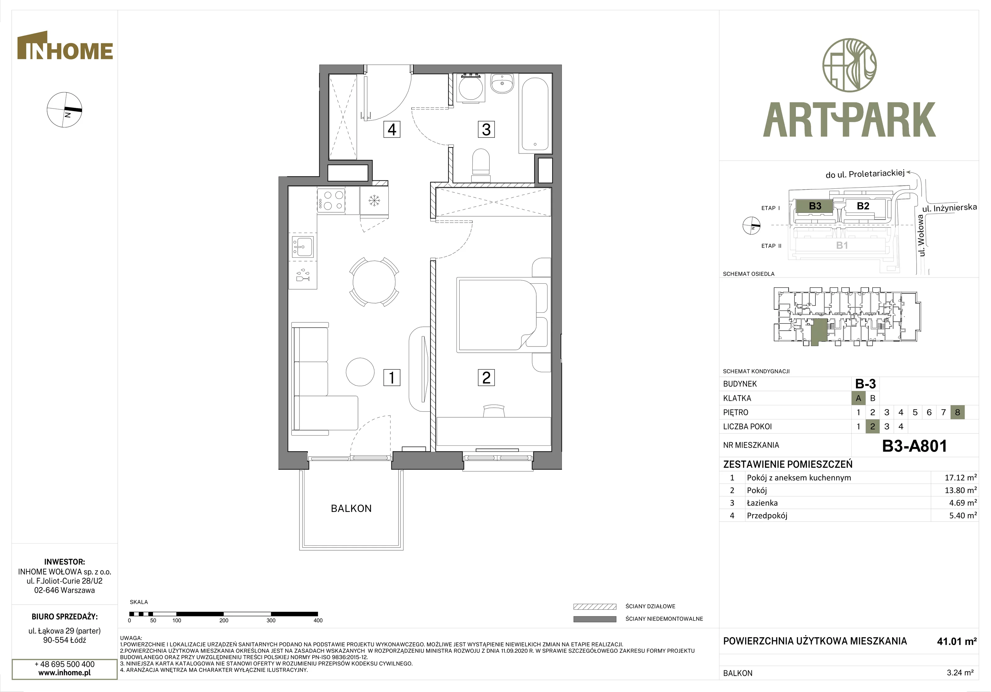 2 pokoje, mieszkanie 41,00 m², piętro 8, oferta nr B3/A801, Osiedle ArtPark, Łódź, Polesie, ul. Wołowa 4a