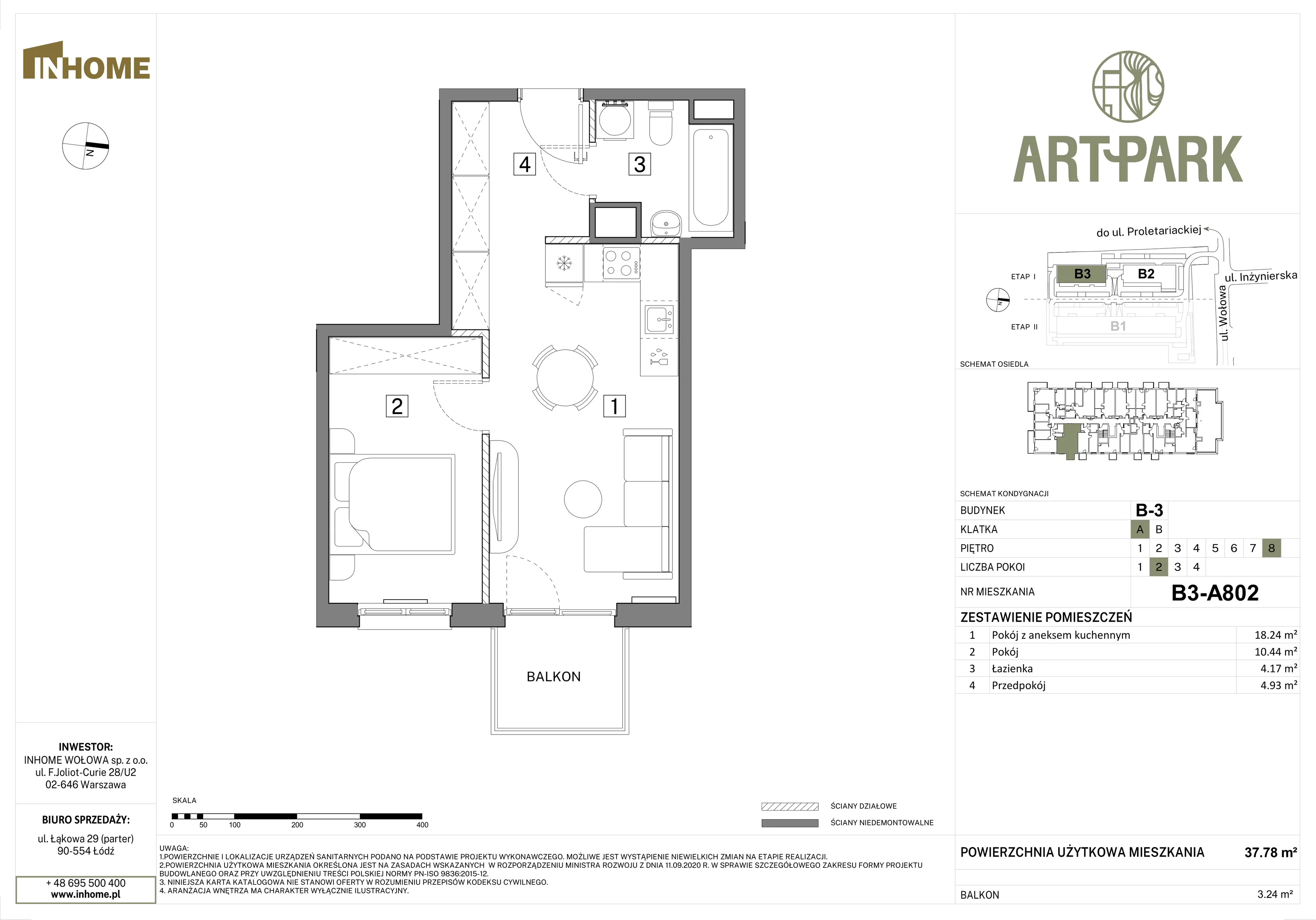 2 pokoje, mieszkanie 37,78 m², piętro 8, oferta nr B3/A802, Osiedle ArtPark, Łódź, Polesie, ul. Wołowa 4a