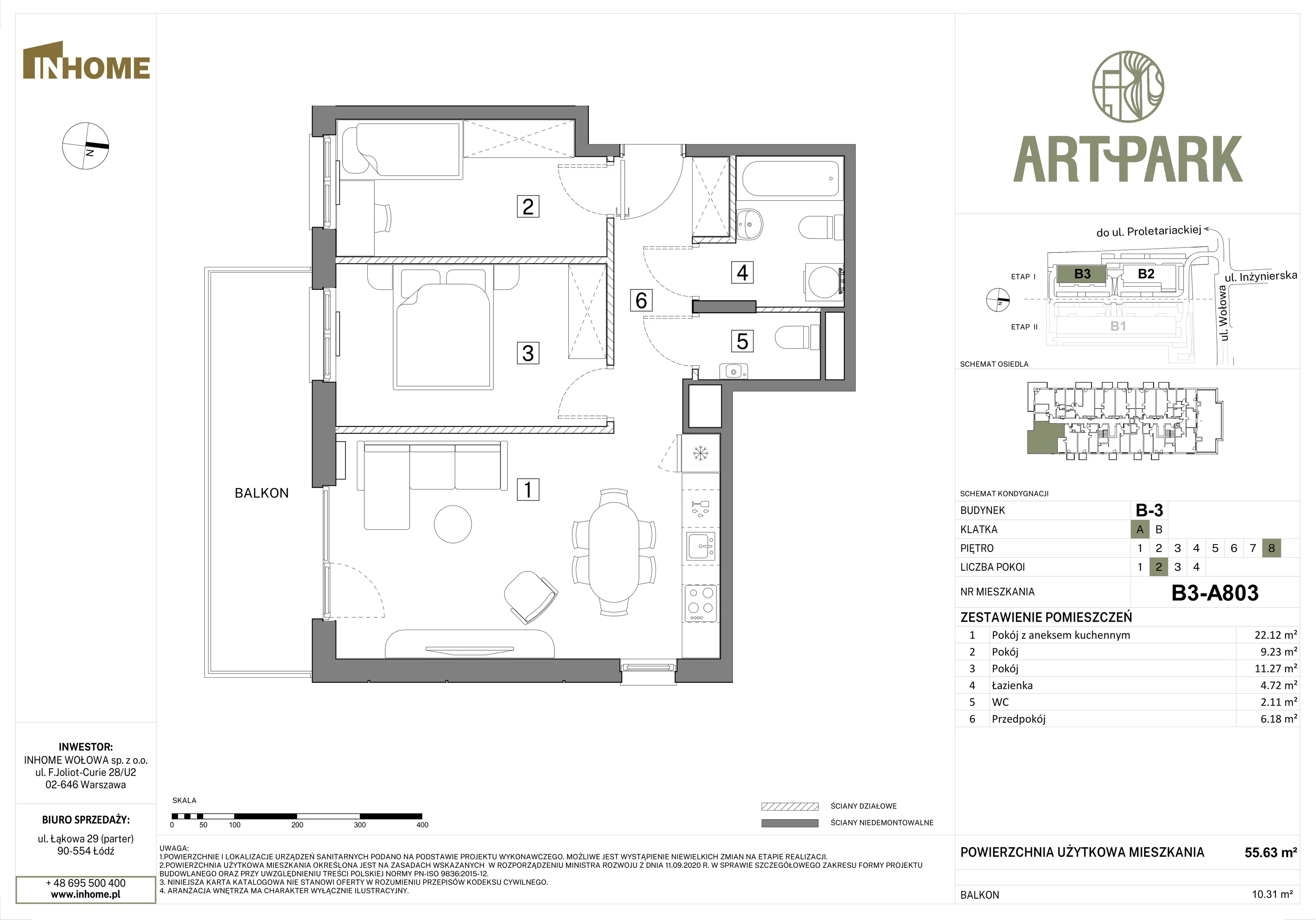 3 pokoje, mieszkanie 55,60 m², piętro 8, oferta nr B3/A803, Osiedle ArtPark, Łódź, Polesie, ul. Wołowa 4a