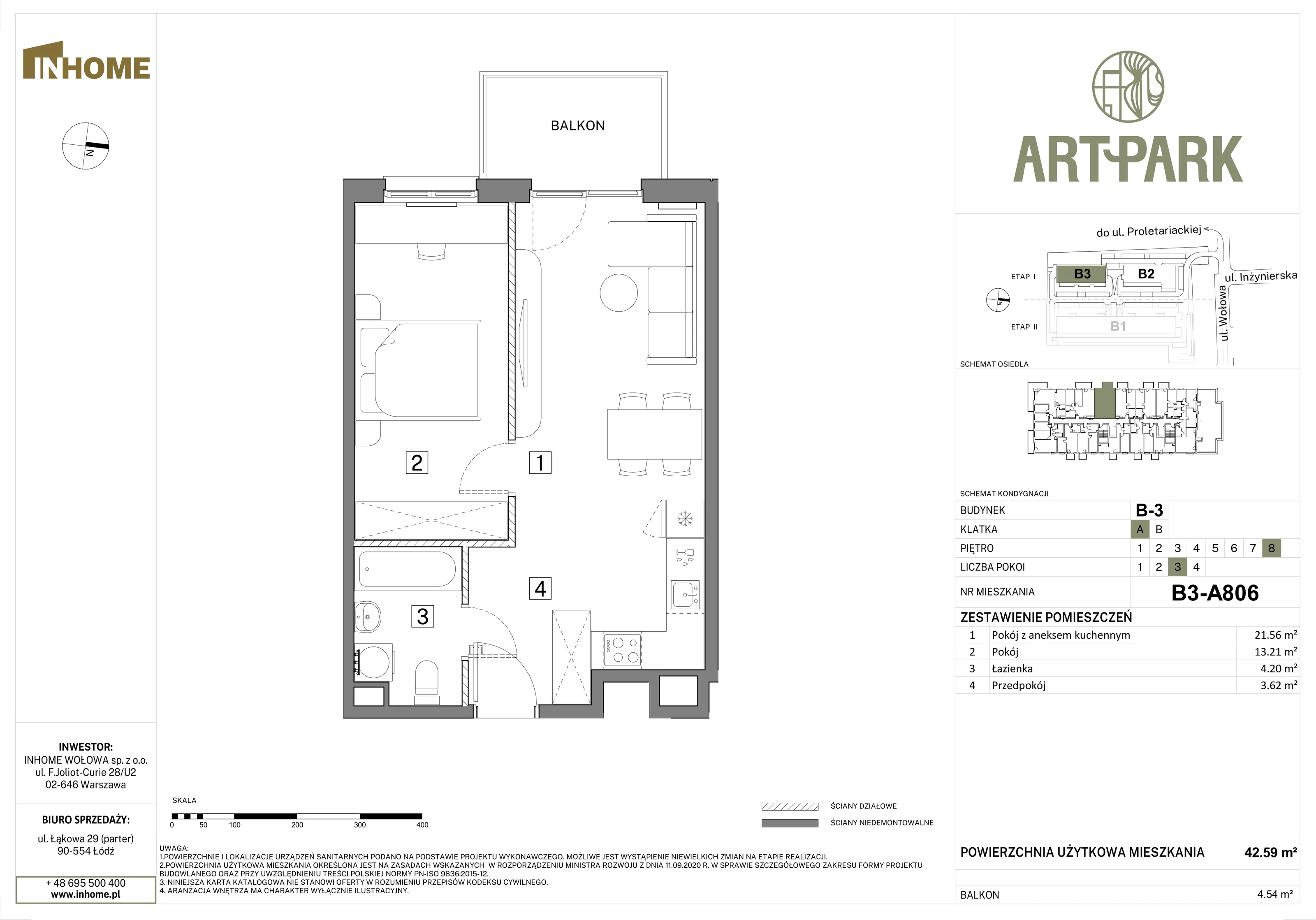 2 pokoje, mieszkanie 42,60 m², piętro 8, oferta nr B3/A806, Osiedle ArtPark, Łódź, Polesie, ul. Wołowa 4a