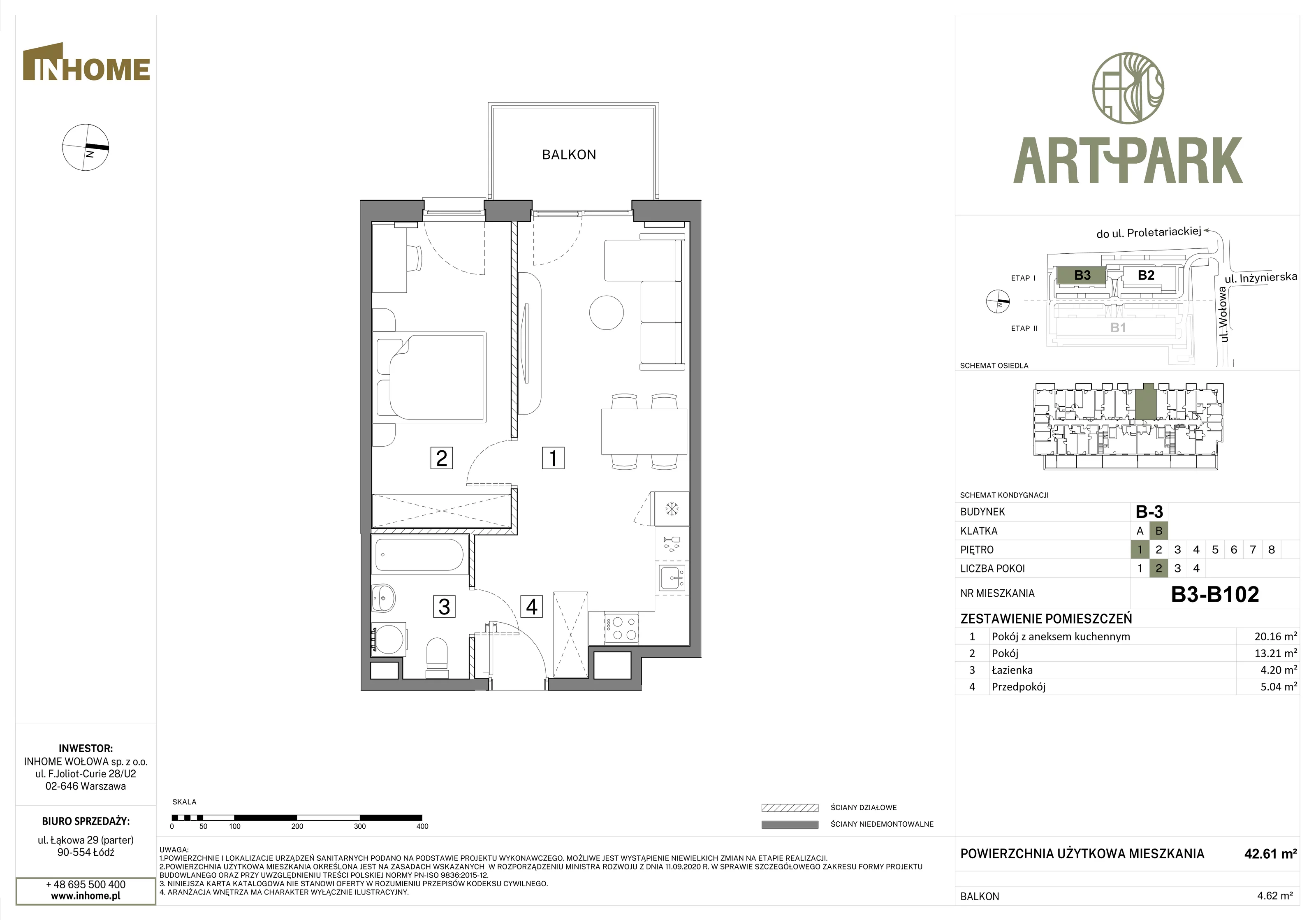 2 pokoje, mieszkanie 42,61 m², piętro 1, oferta nr B3/B102, Osiedle ArtPark, Łódź, Polesie, ul. Wołowa 4a