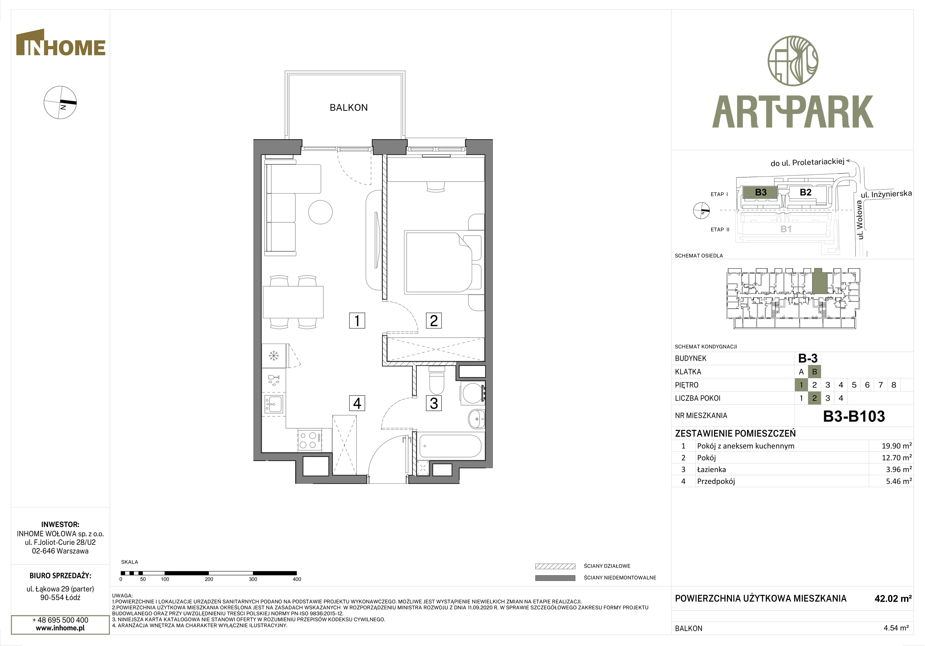2 pokoje, mieszkanie 42,01 m², piętro 1, oferta nr B3/B103, Osiedle ArtPark, Łódź, Polesie, ul. Wołowa 4a