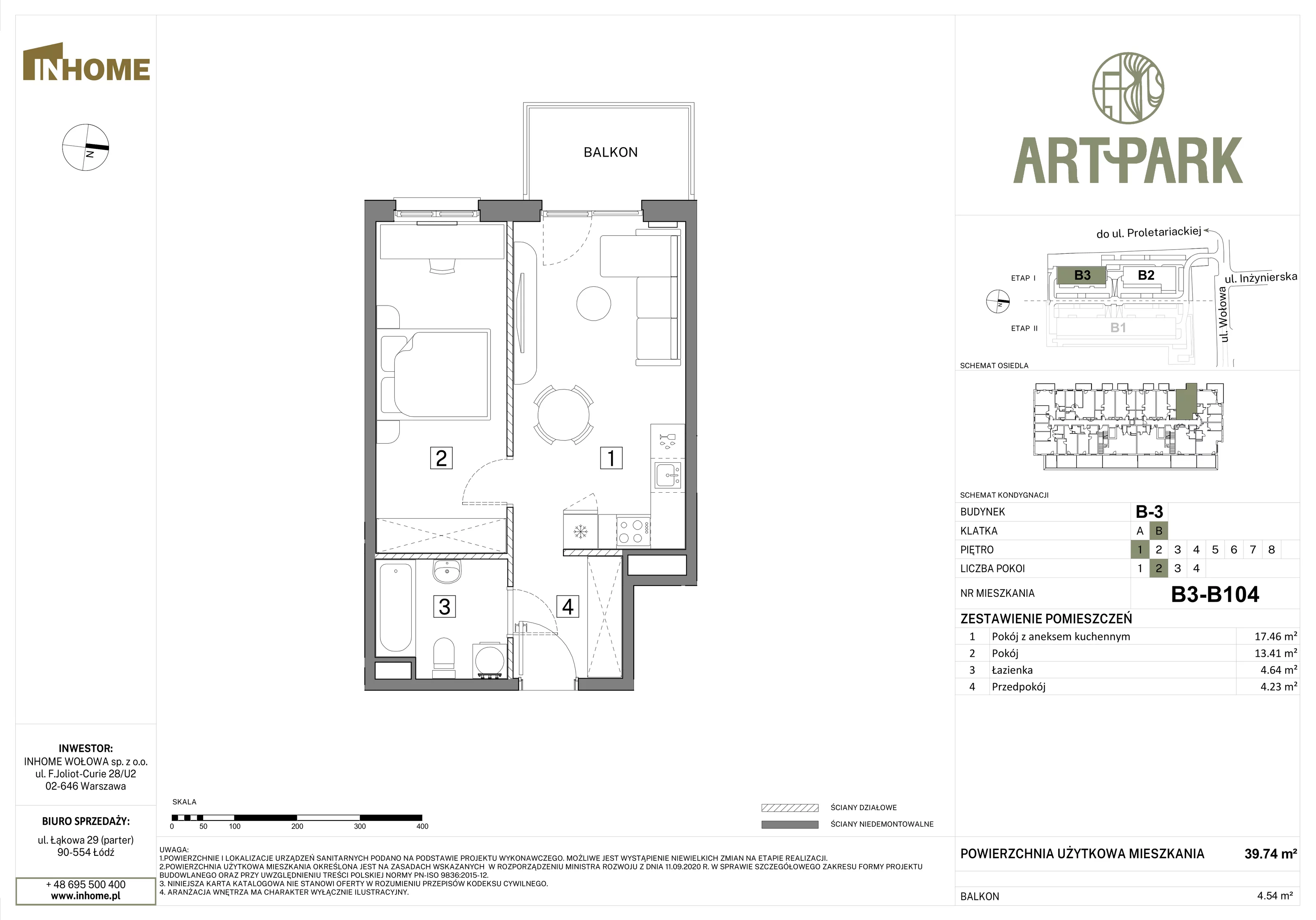 2 pokoje, mieszkanie 39,73 m², piętro 1, oferta nr B3/B104, Osiedle ArtPark, Łódź, Polesie, ul. Wołowa 4a