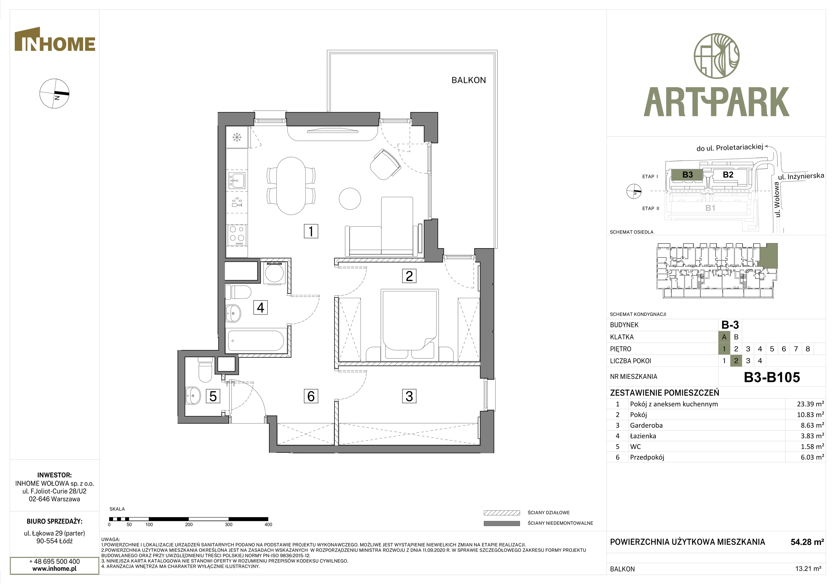 2 pokoje, mieszkanie 54,53 m², piętro 1, oferta nr B3/B105, Osiedle ArtPark, Łódź, Polesie, ul. Wołowa 4a