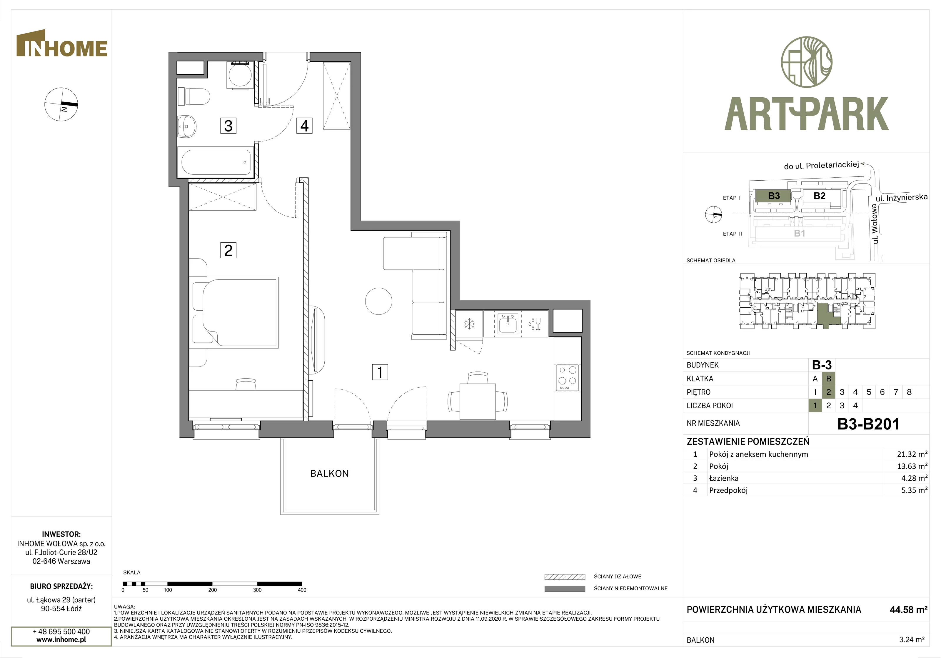 2 pokoje, mieszkanie 44,59 m², piętro 2, oferta nr B3/B201, Osiedle ArtPark, Łódź, Polesie, ul. Wołowa 4a