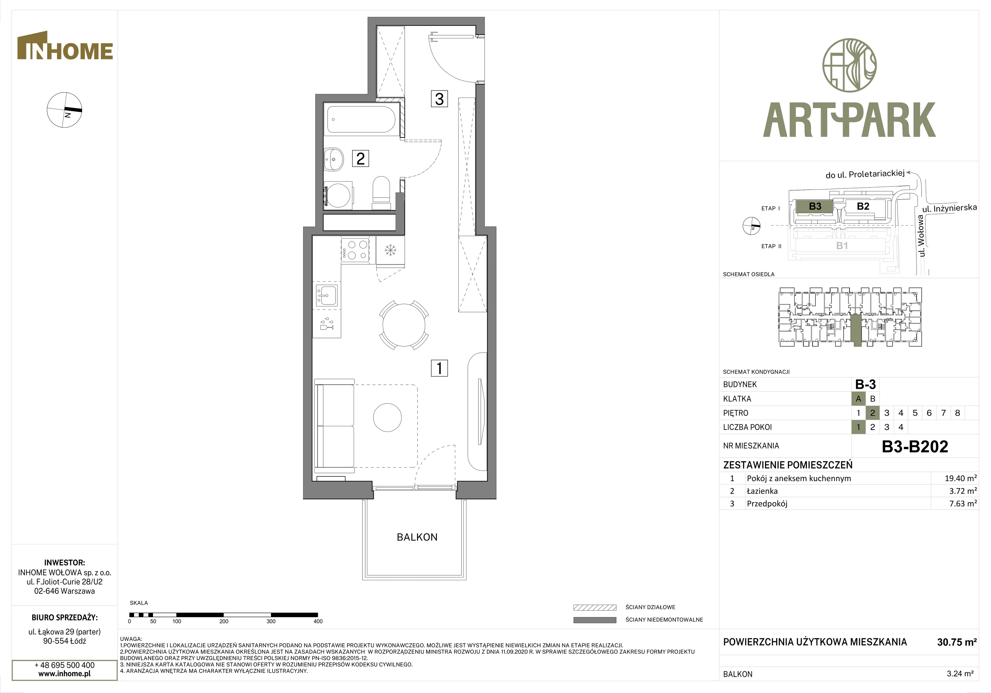 1 pokój, mieszkanie 30,76 m², piętro 2, oferta nr B3/B202, Osiedle ArtPark, Łódź, Polesie, ul. Wołowa 4a