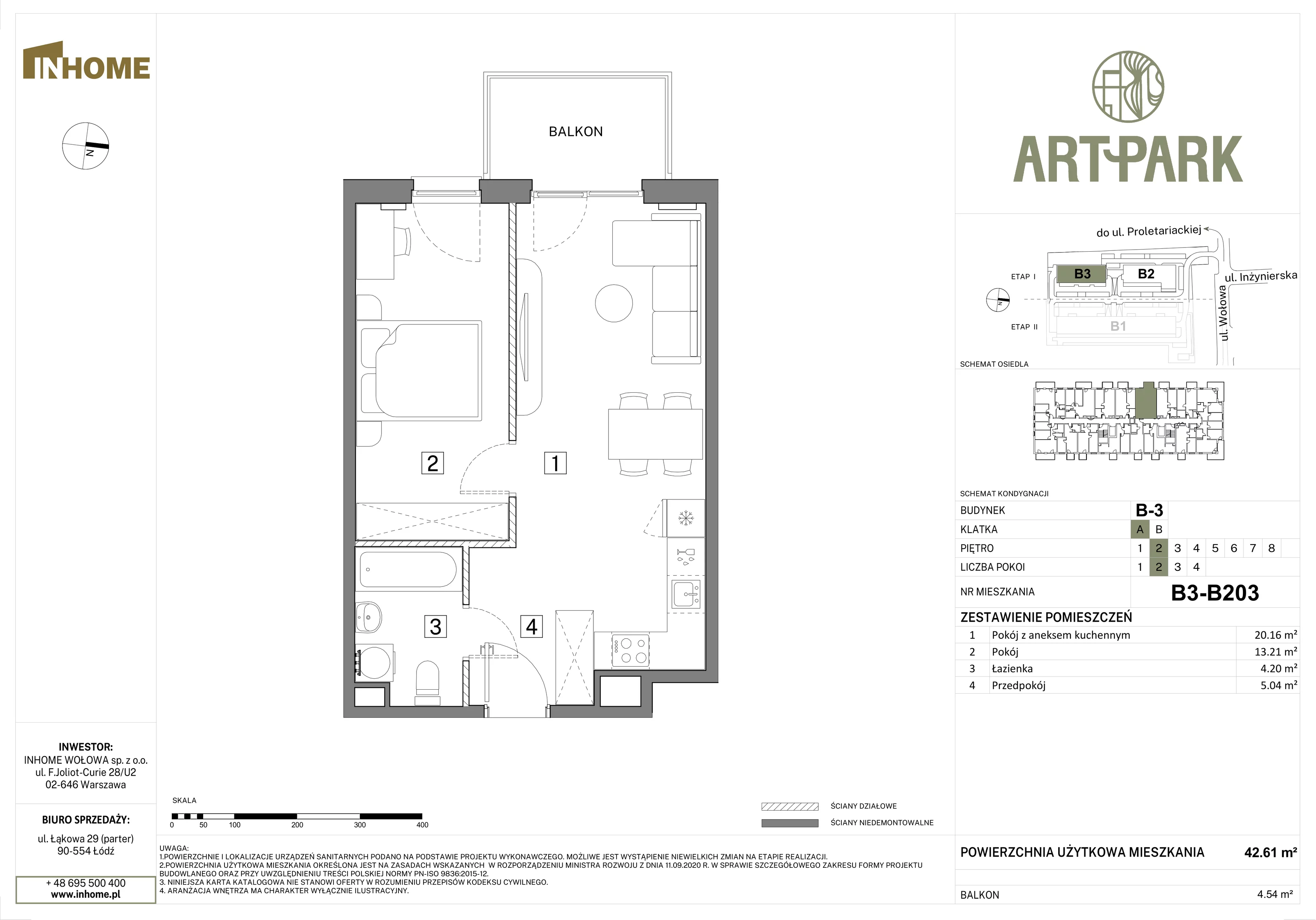 2 pokoje, mieszkanie 42,61 m², piętro 2, oferta nr B3/B203, Osiedle ArtPark, Łódź, Polesie, ul. Wołowa 4a