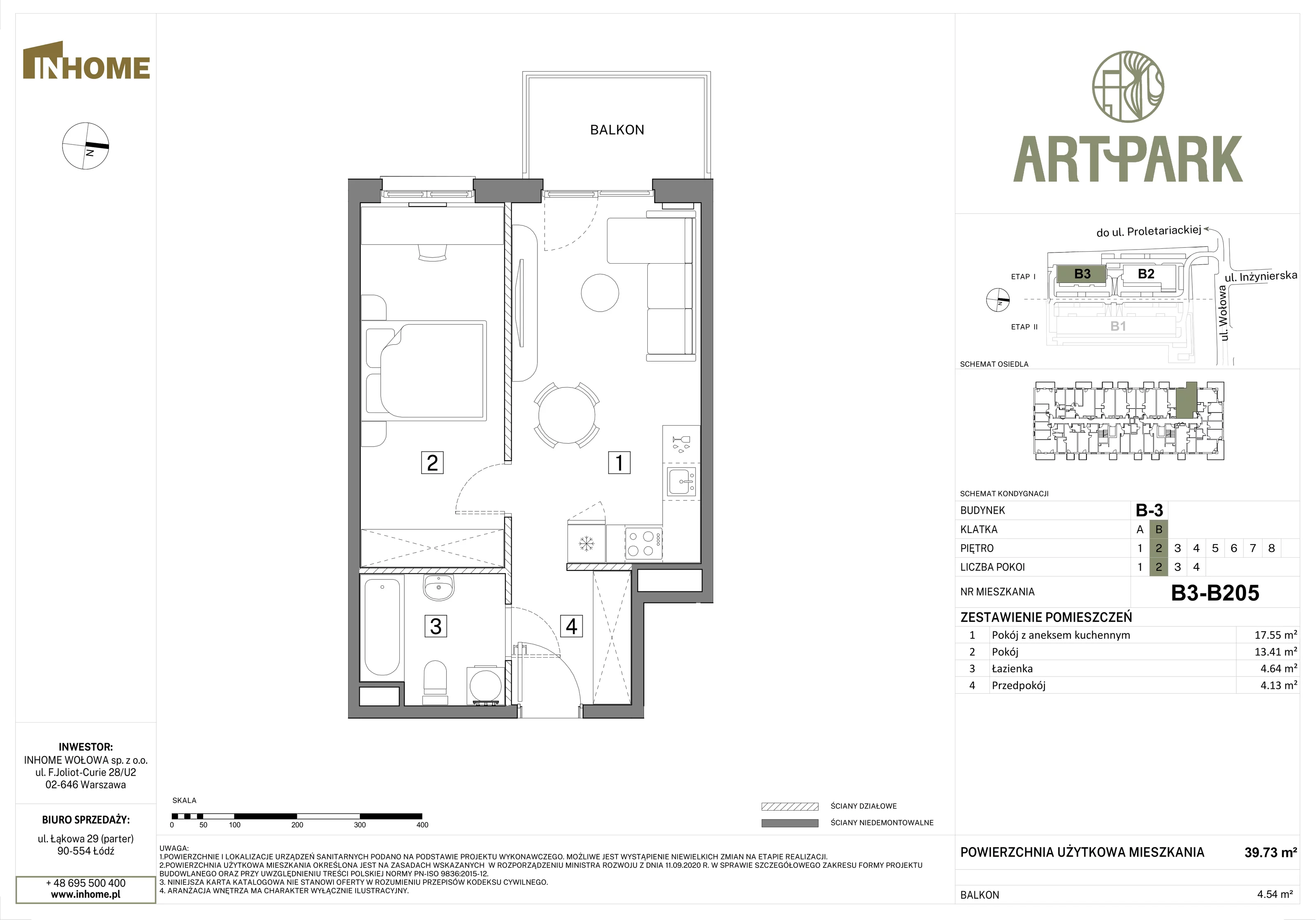 2 pokoje, mieszkanie 39,74 m², piętro 2, oferta nr B3/B205, Osiedle ArtPark, Łódź, Polesie, ul. Wołowa 4a