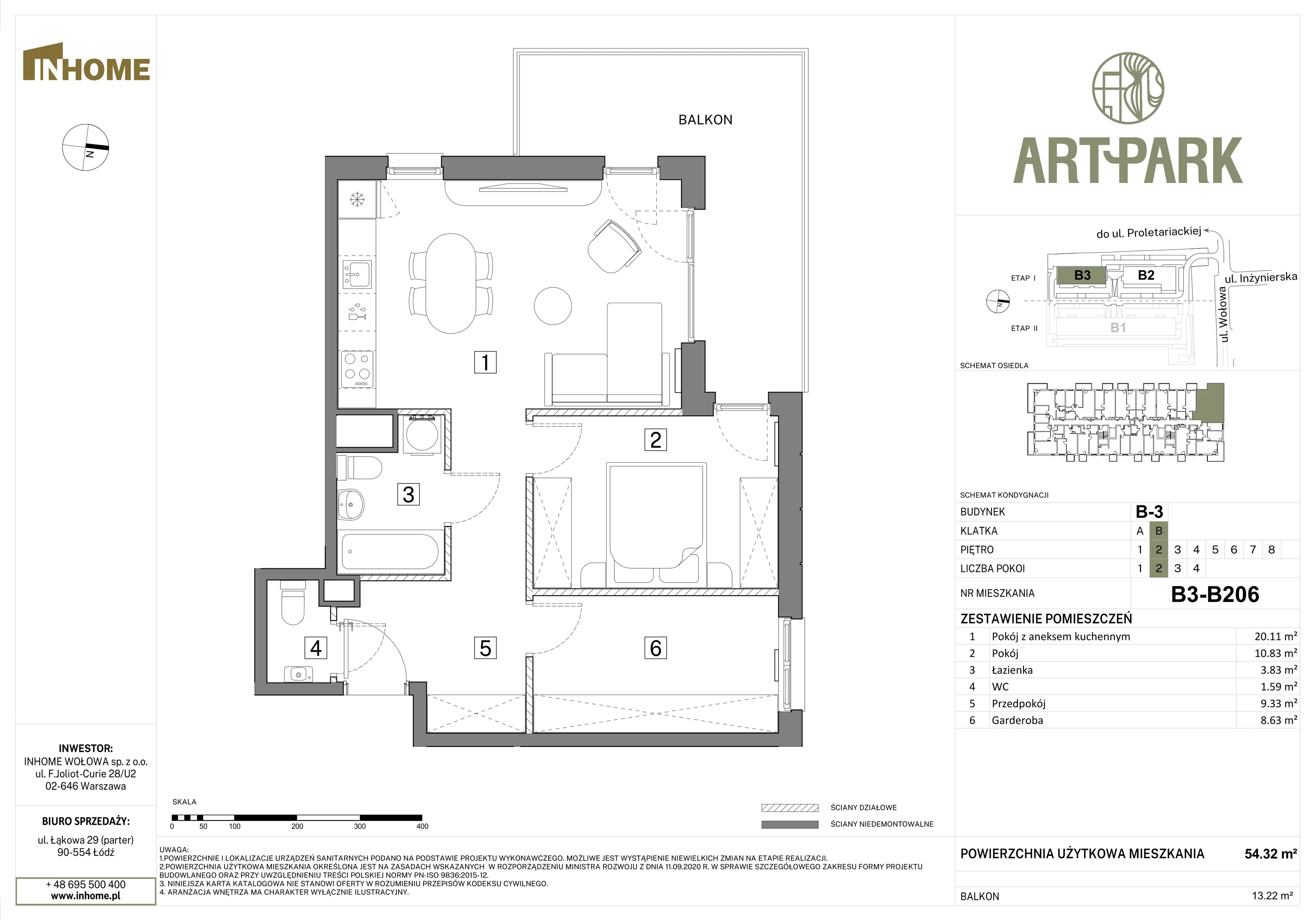 2 pokoje, mieszkanie 54,50 m², piętro 2, oferta nr B3/B206, Osiedle ArtPark, Łódź, Polesie, ul. Wołowa 4a