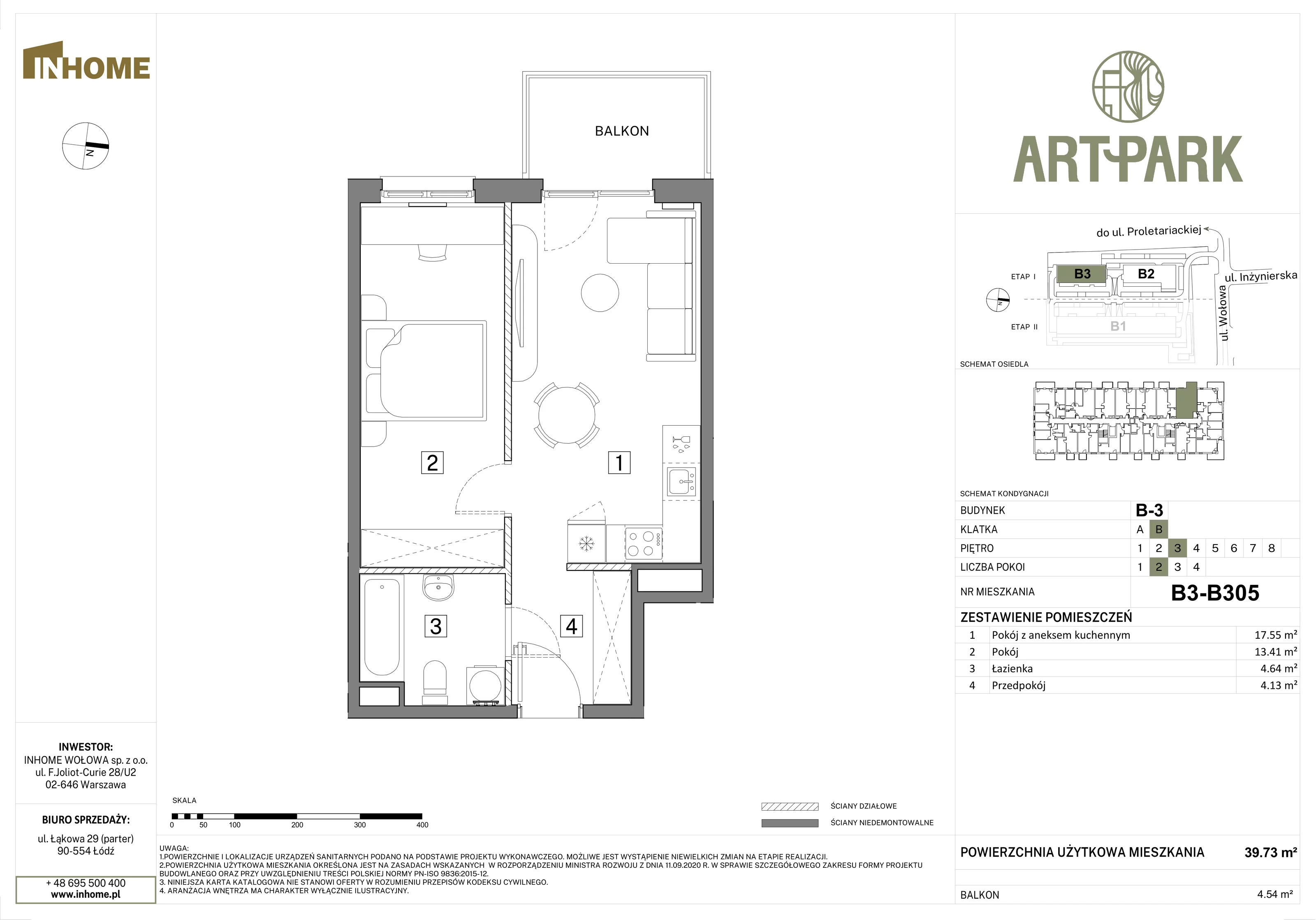 2 pokoje, mieszkanie 39,74 m², piętro 3, oferta nr B3/B305, Osiedle ArtPark, Łódź, Polesie, ul. Wołowa 4a