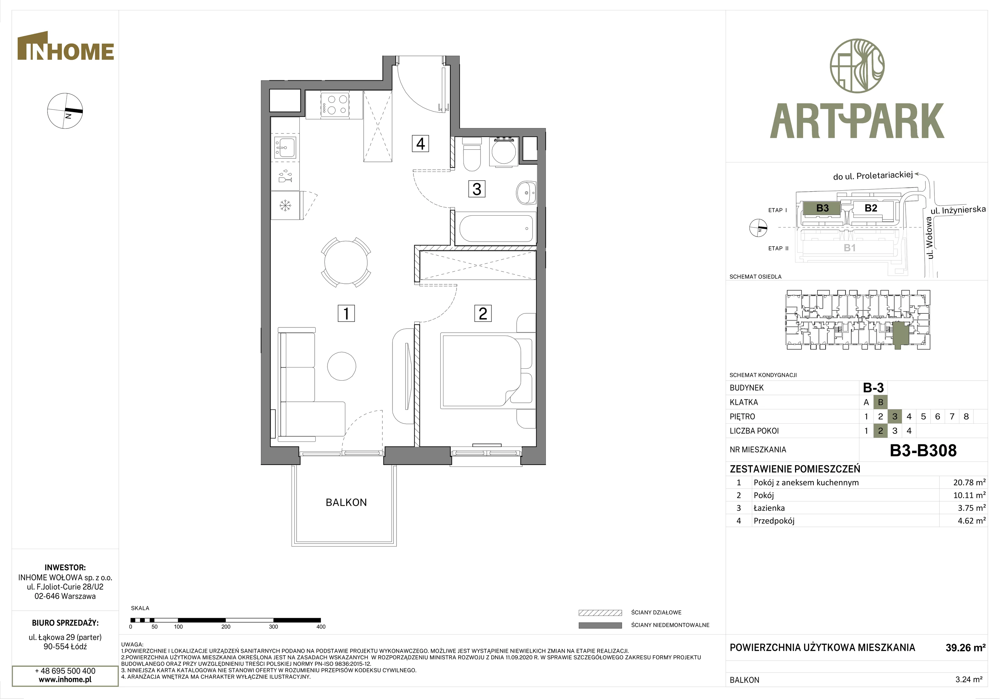 2 pokoje, mieszkanie 39,26 m², piętro 3, oferta nr B3/B308, Osiedle ArtPark, Łódź, Polesie, ul. Wołowa 4a