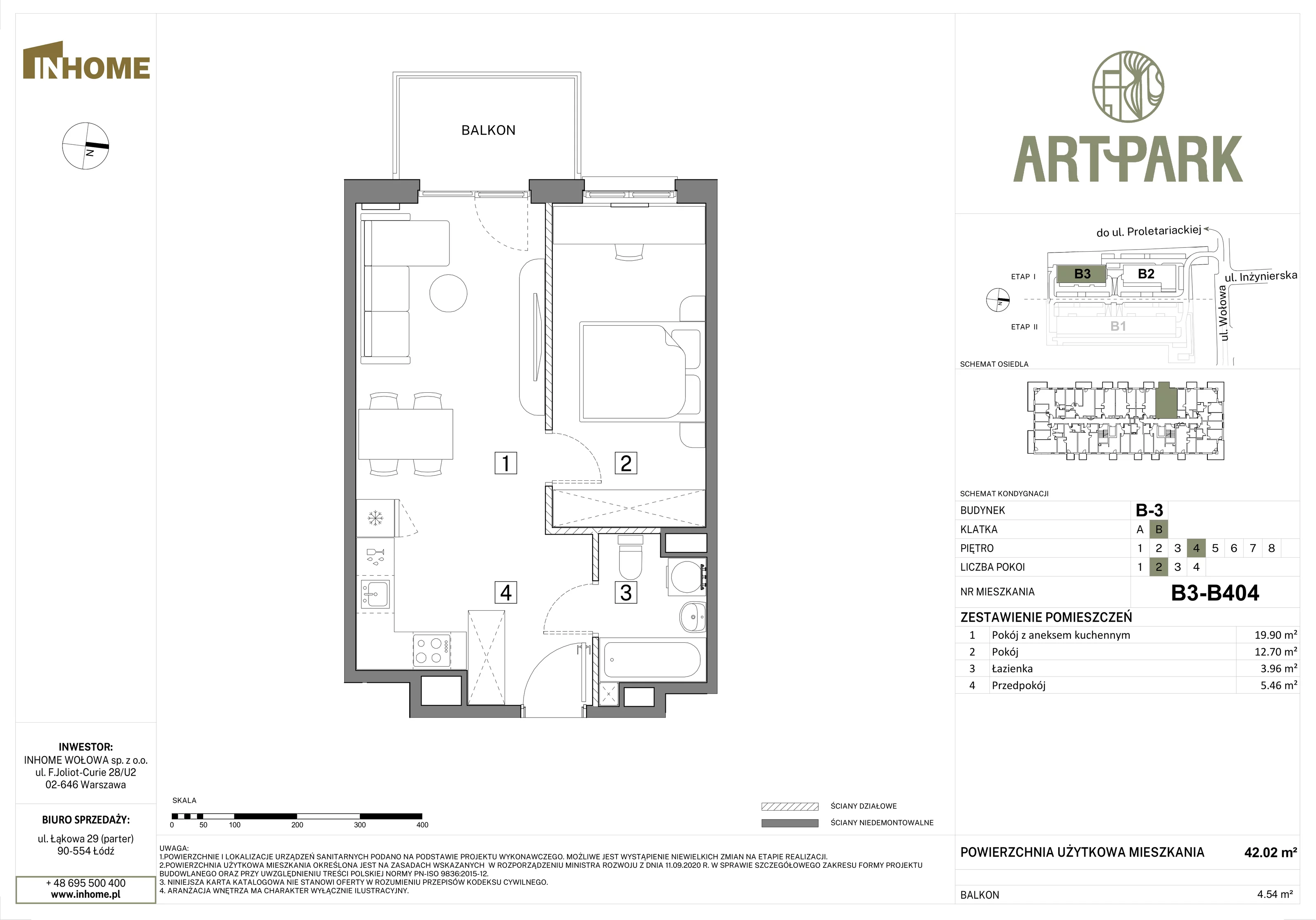 2 pokoje, mieszkanie 42,01 m², piętro 4, oferta nr B3/B404, Osiedle ArtPark, Łódź, Polesie, ul. Wołowa 4a