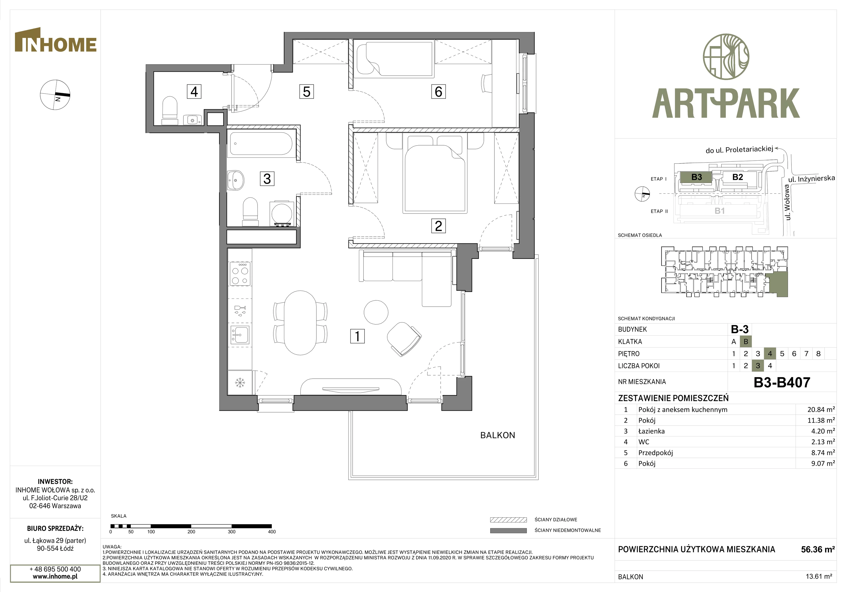 3 pokoje, mieszkanie 56,34 m², piętro 4, oferta nr B3/B407, Osiedle ArtPark, Łódź, Polesie, ul. Wołowa 4a