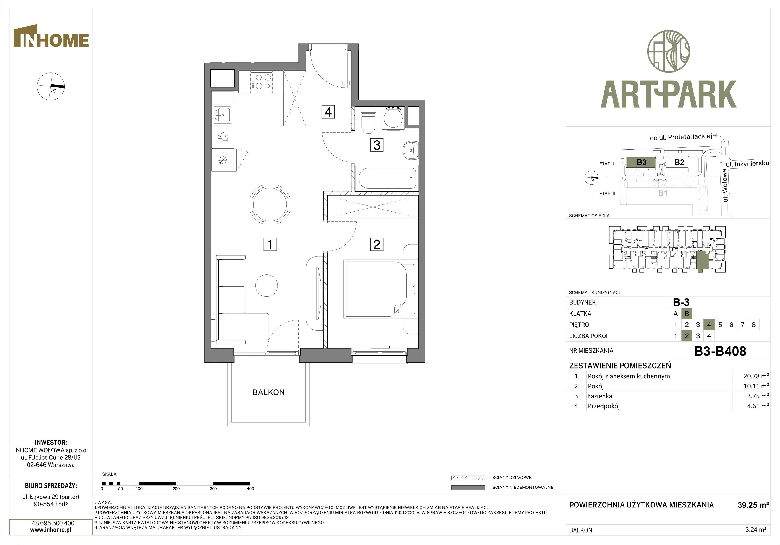2 pokoje, mieszkanie 39,26 m², piętro 4, oferta nr B3/B408, Osiedle ArtPark, Łódź, Polesie, ul. Wołowa 4a