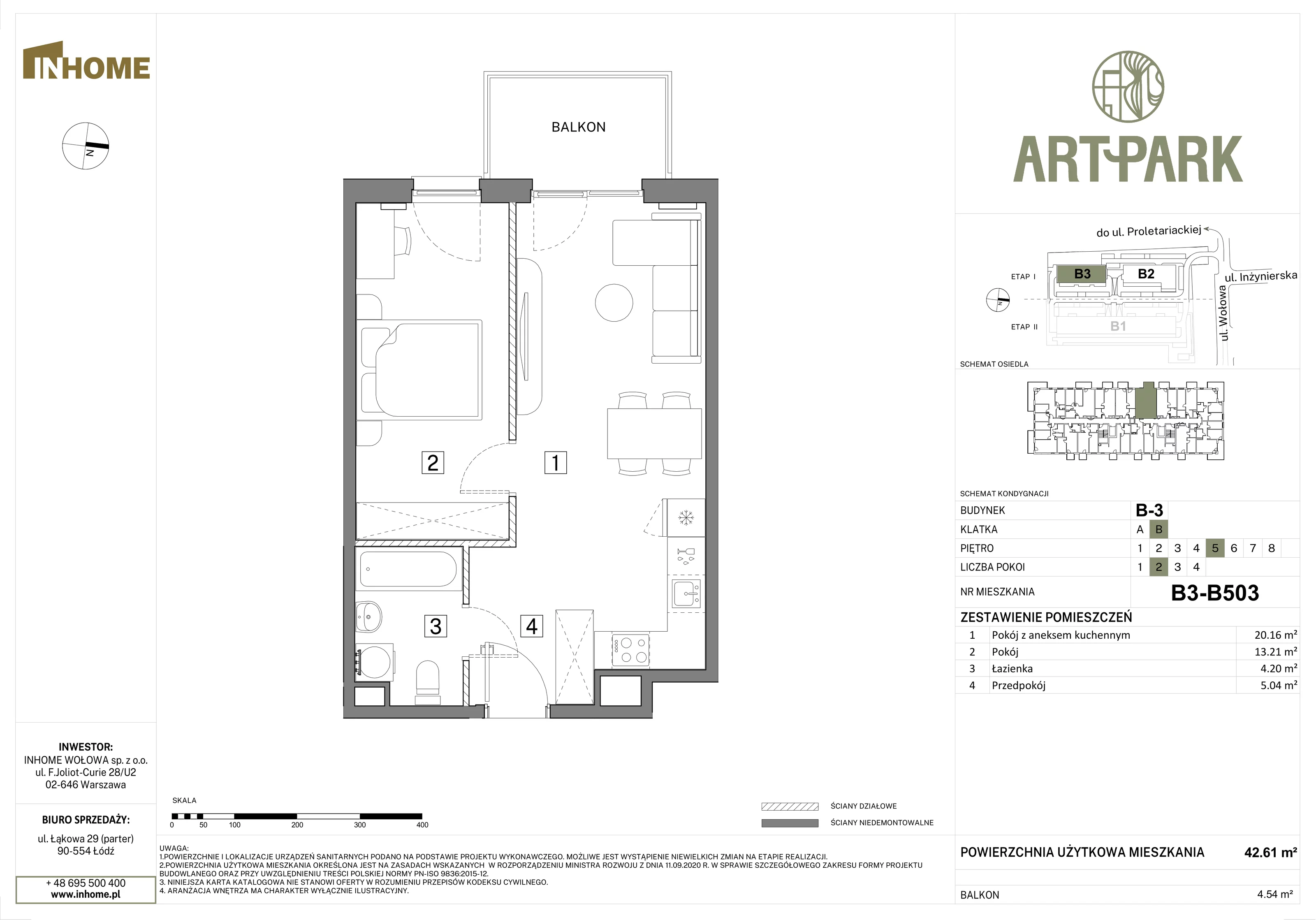 2 pokoje, mieszkanie 42,61 m², piętro 5, oferta nr B3/B503, Osiedle ArtPark, Łódź, Polesie, ul. Wołowa 4a