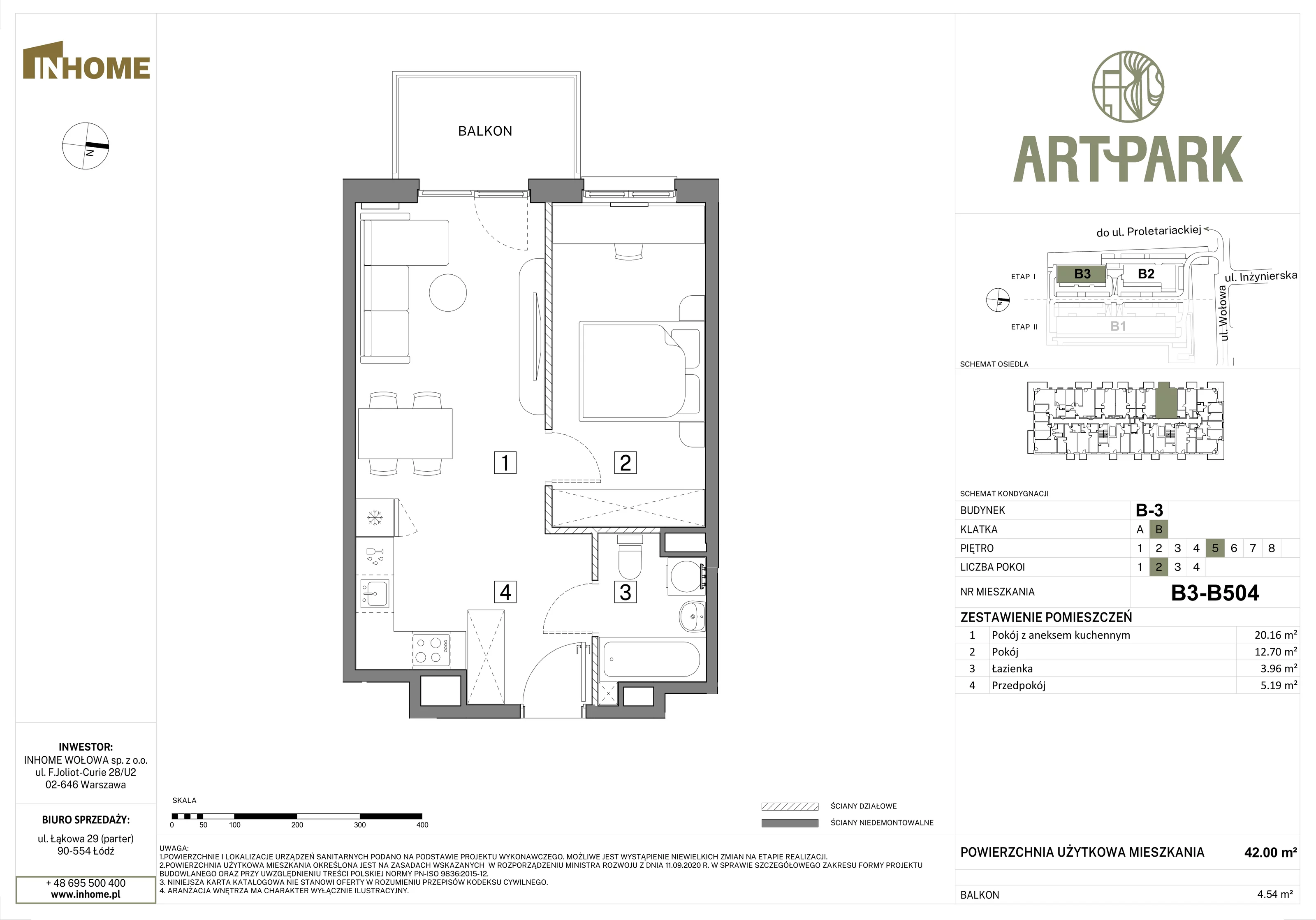 2 pokoje, mieszkanie 42,00 m², piętro 5, oferta nr B3/B504, Osiedle ArtPark, Łódź, Polesie, ul. Wołowa 4a