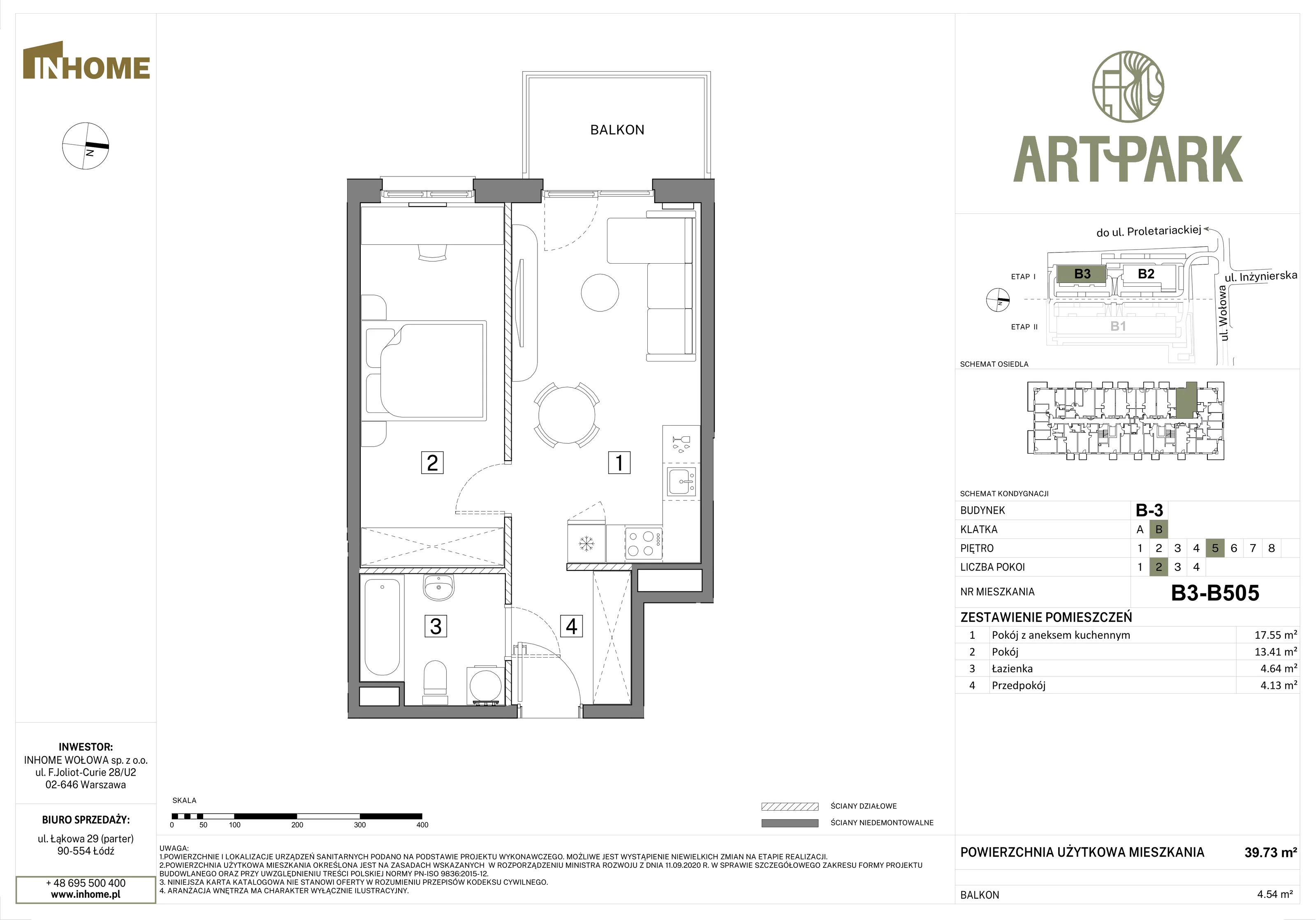2 pokoje, mieszkanie 39,74 m², piętro 5, oferta nr B3/B505, Osiedle ArtPark, Łódź, Polesie, ul. Wołowa 4a