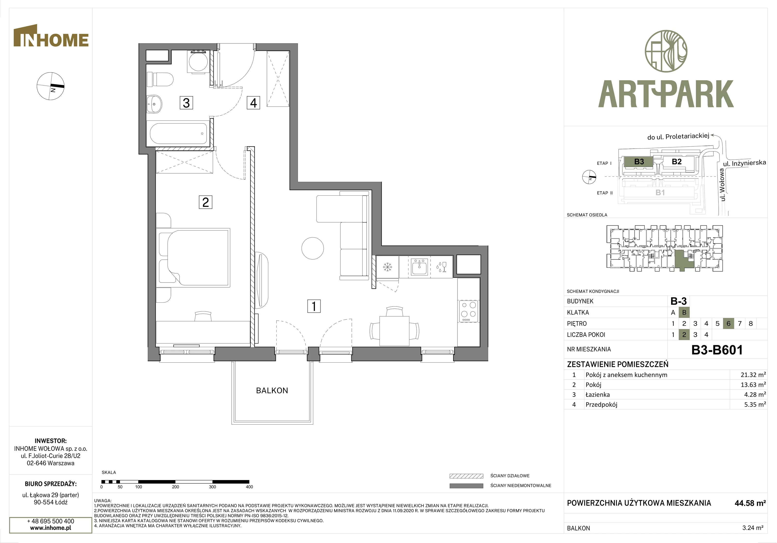 2 pokoje, mieszkanie 44,59 m², piętro 6, oferta nr B3/B601, Osiedle ArtPark, Łódź, Polesie, ul. Wołowa 4a