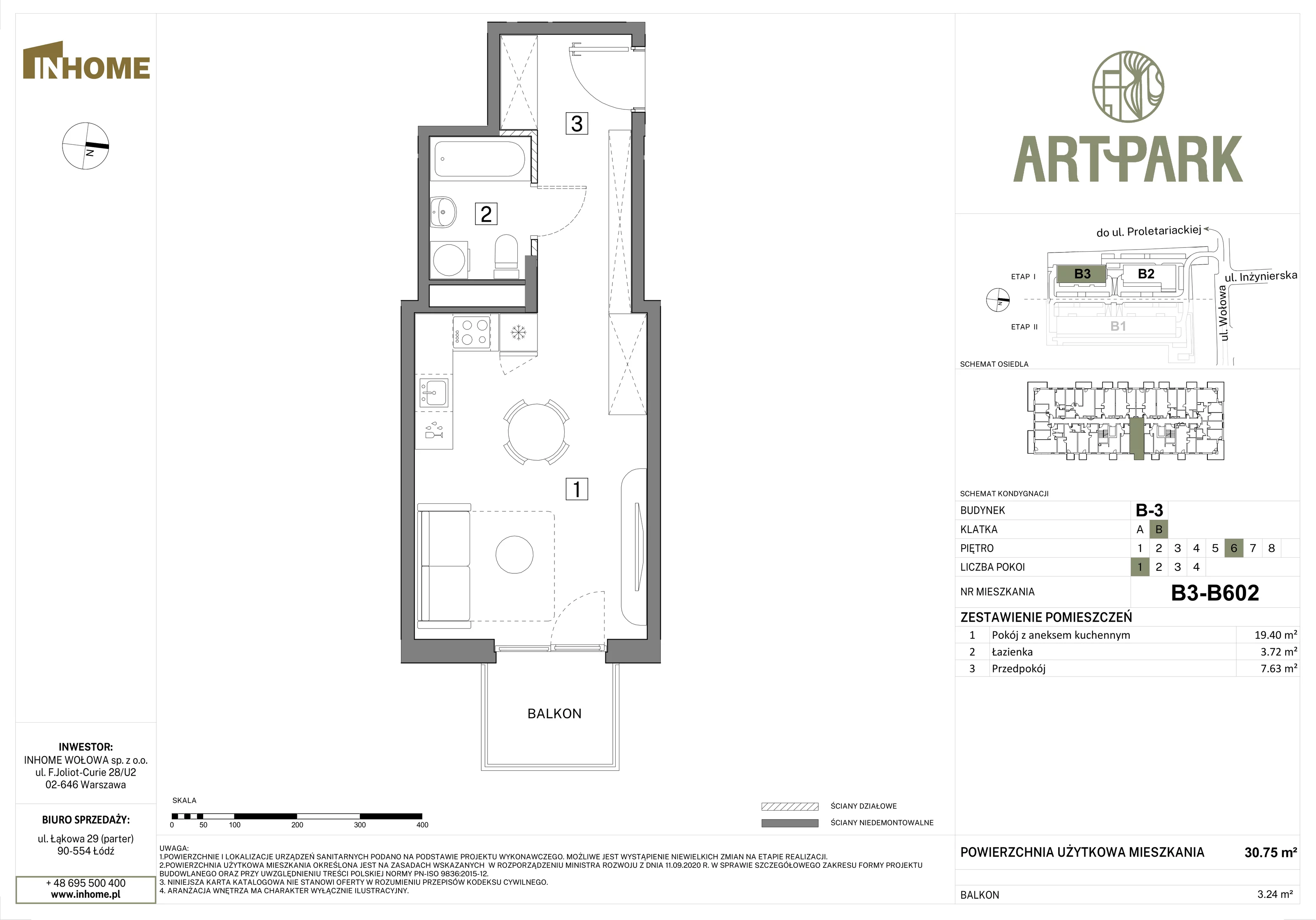 1 pokój, mieszkanie 30,76 m², piętro 6, oferta nr B3/B602, Osiedle ArtPark, Łódź, Polesie, ul. Wołowa 4a
