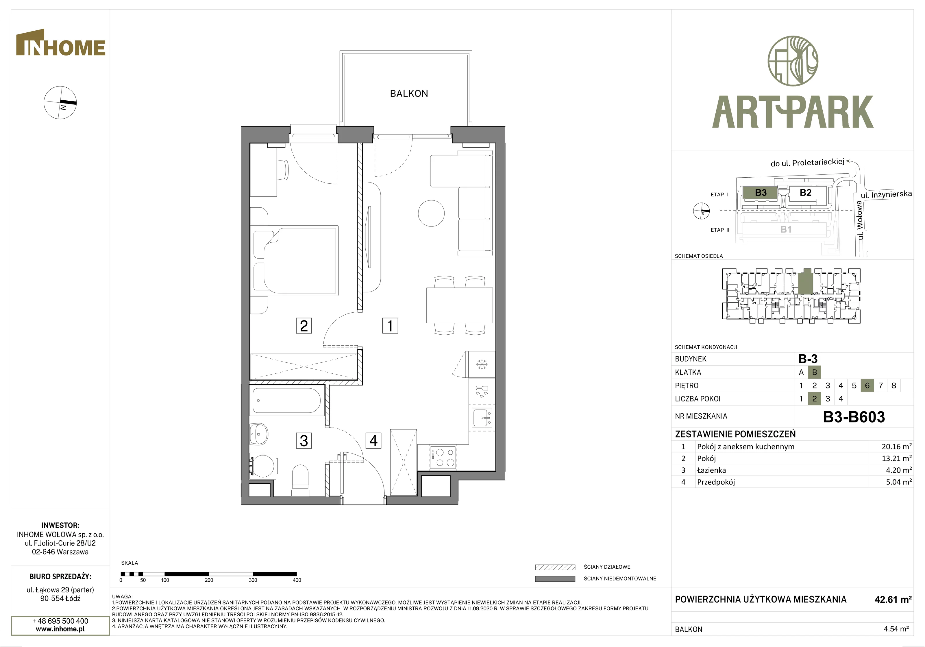 2 pokoje, mieszkanie 42,61 m², piętro 6, oferta nr B3/B603, Osiedle ArtPark, Łódź, Polesie, ul. Wołowa 4a