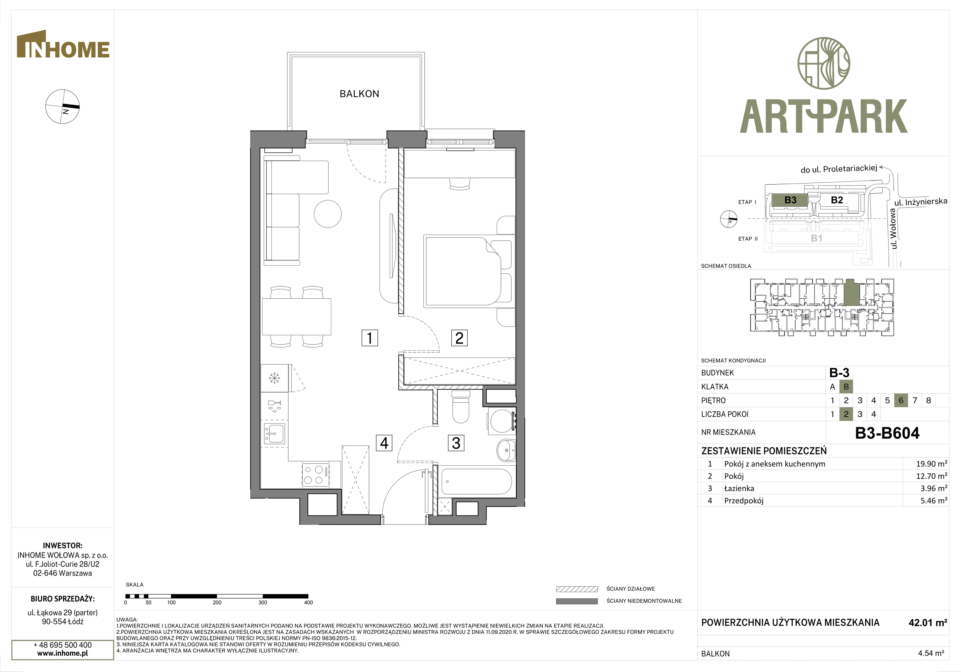 2 pokoje, mieszkanie 42,01 m², piętro 6, oferta nr B3/B604, Osiedle ArtPark, Łódź, Polesie, ul. Wołowa 4a