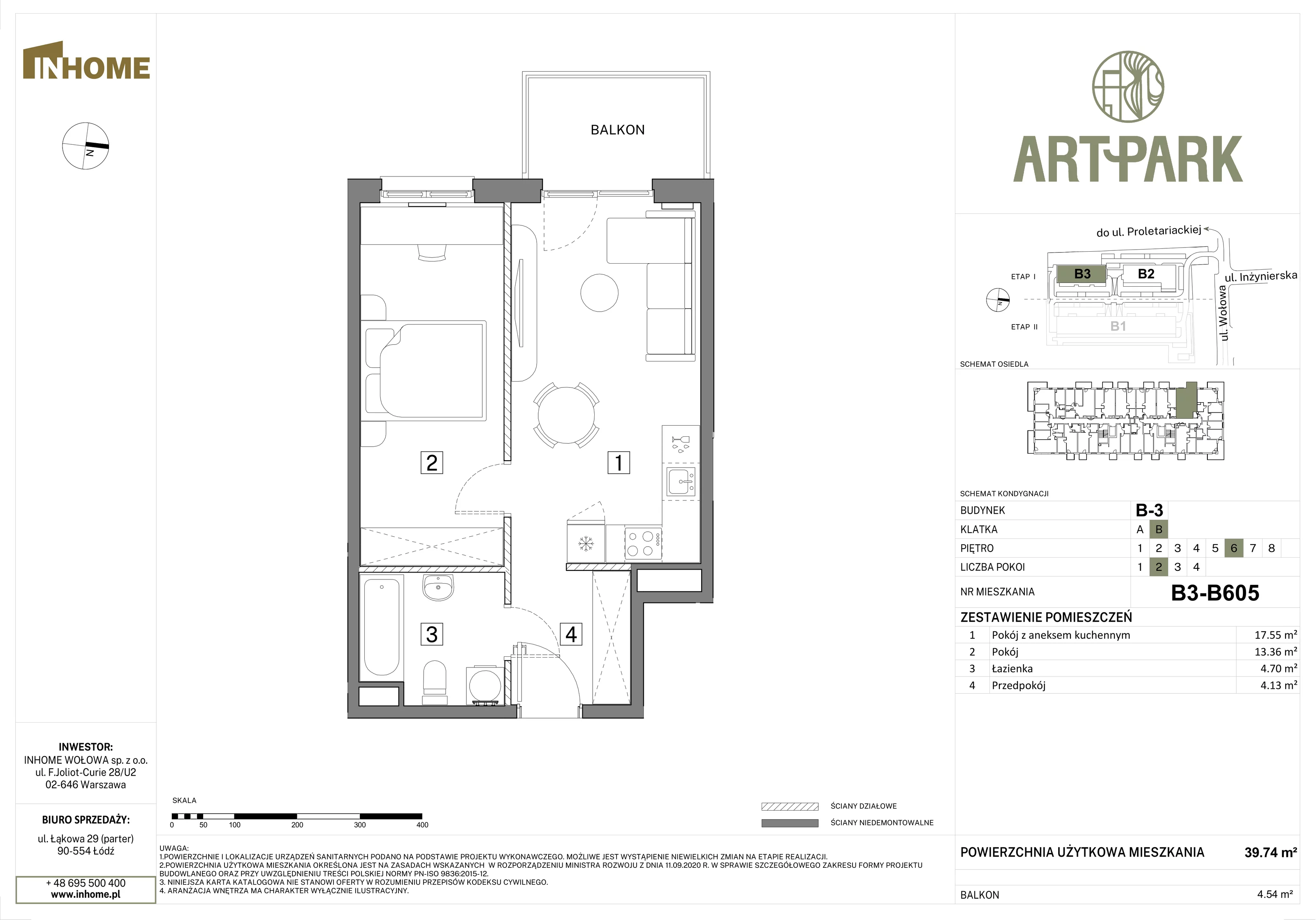 2 pokoje, mieszkanie 39,74 m², piętro 6, oferta nr B3/B605, Osiedle ArtPark, Łódź, Polesie, ul. Wołowa 4a