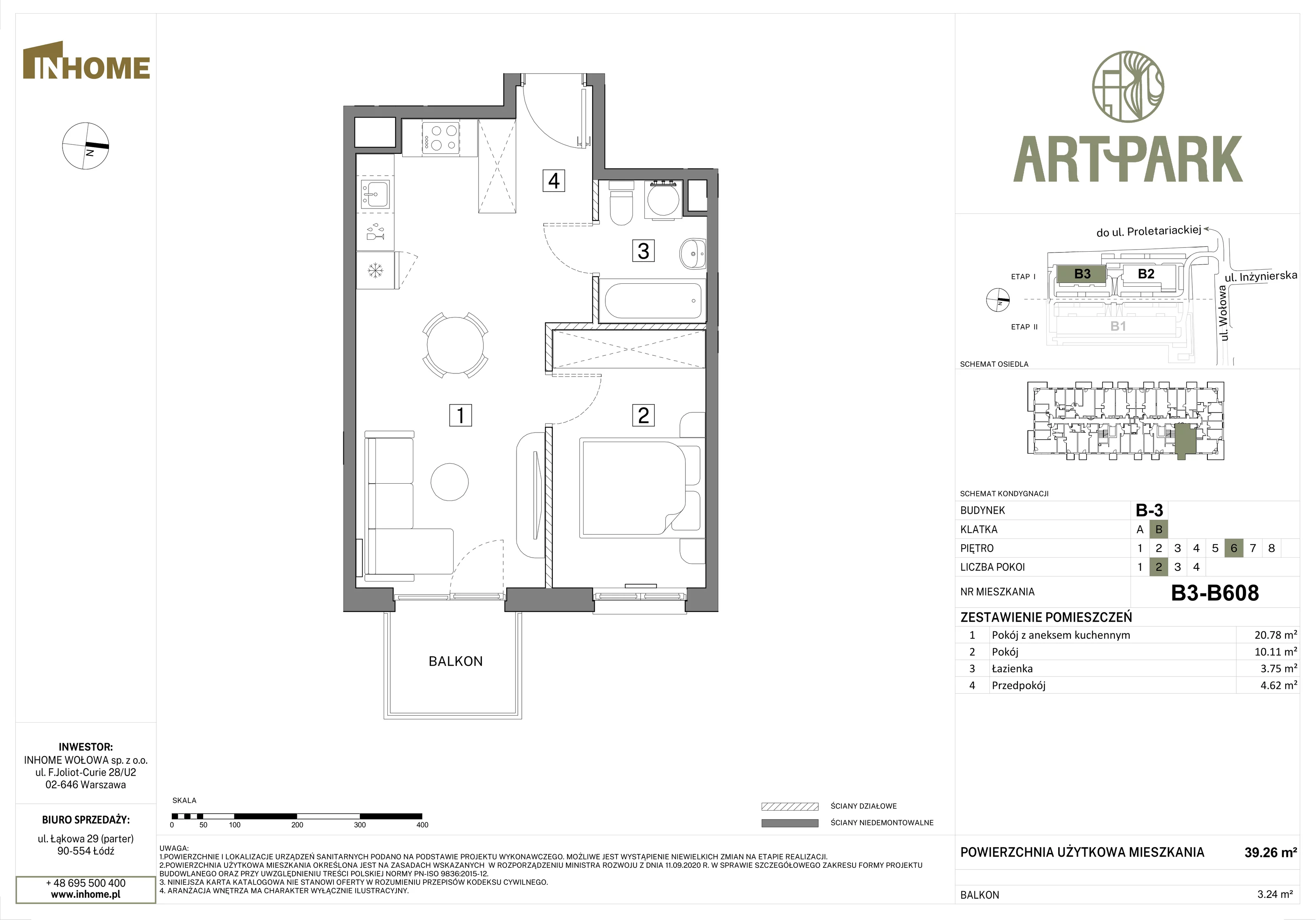 2 pokoje, mieszkanie 39,26 m², piętro 6, oferta nr B3/B608, Osiedle ArtPark, Łódź, Polesie, ul. Wołowa 4a