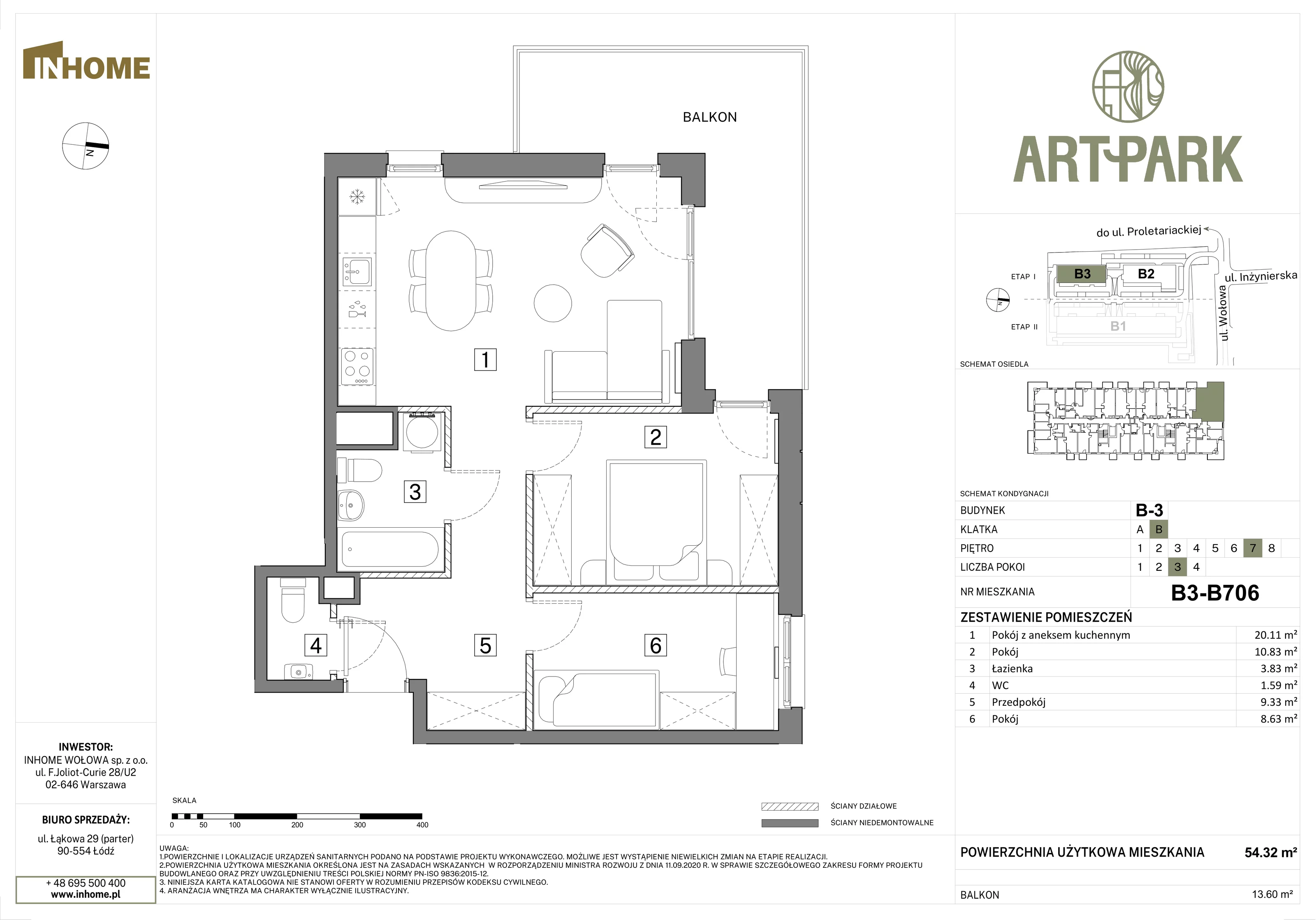 2 pokoje, mieszkanie 54,53 m², piętro 7, oferta nr B3/B706, Osiedle ArtPark, Łódź, Polesie, ul. Wołowa 4a