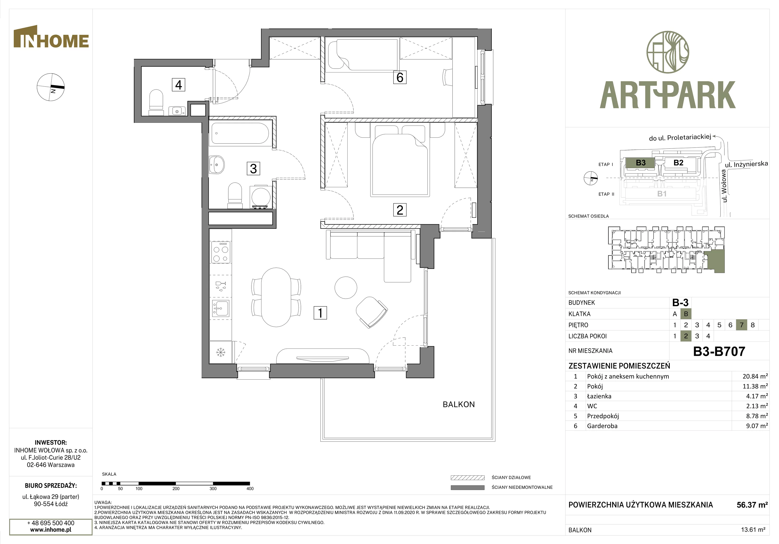 3 pokoje, mieszkanie 56,34 m², piętro 7, oferta nr B3/B707, Osiedle ArtPark, Łódź, Polesie, ul. Wołowa 4a