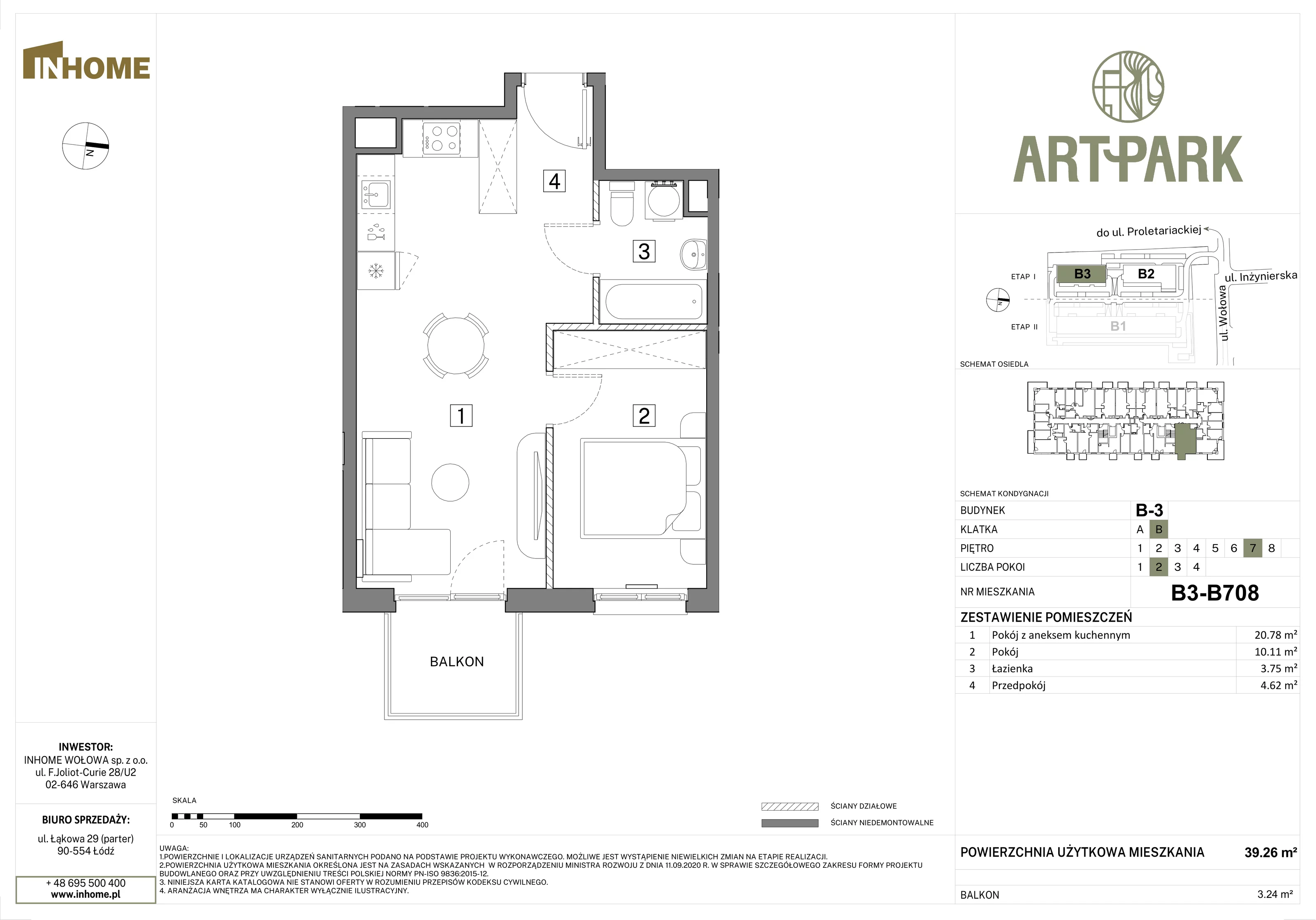 2 pokoje, mieszkanie 39,26 m², piętro 7, oferta nr B3/B708, Osiedle ArtPark, Łódź, Polesie, ul. Wołowa 4a