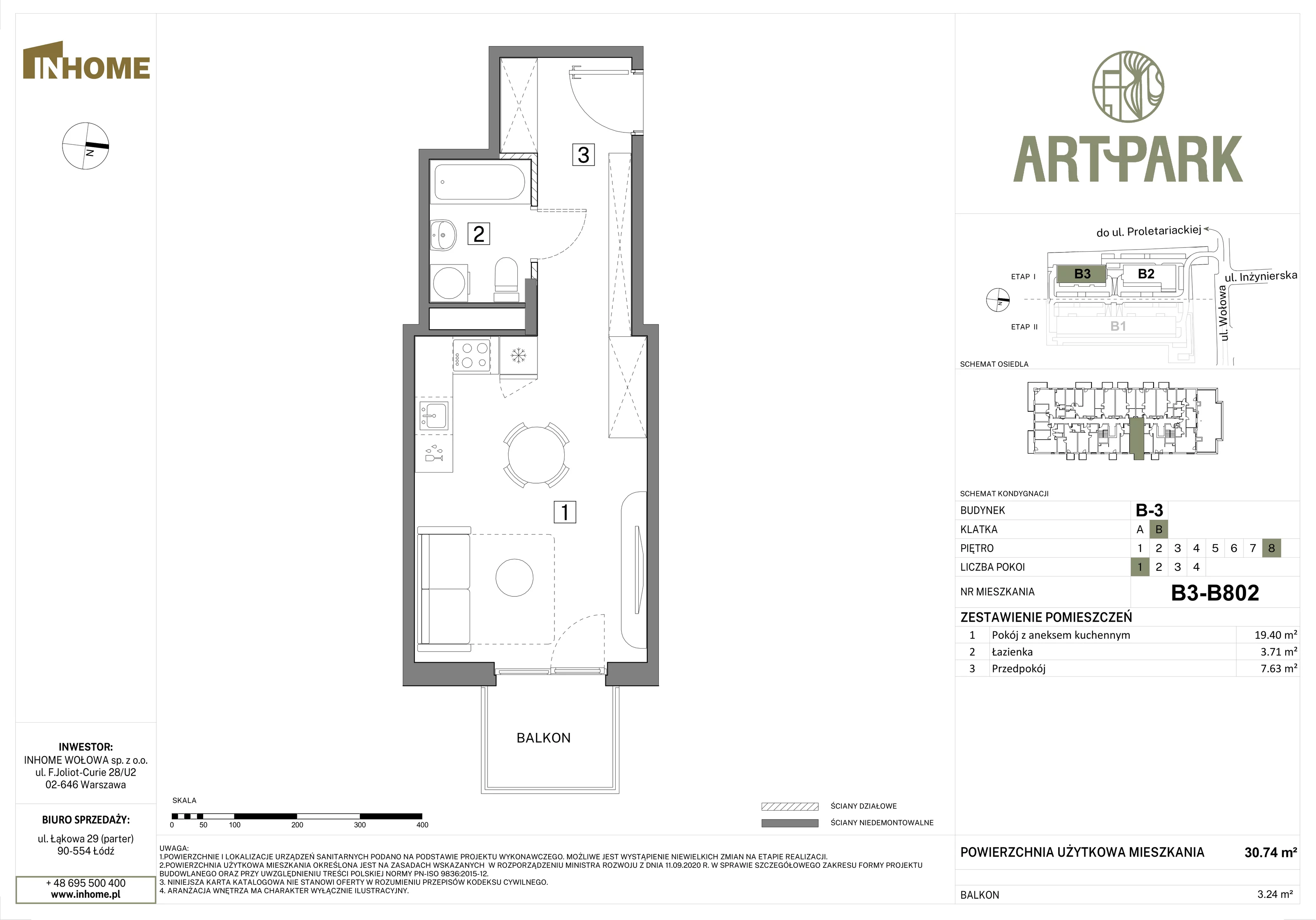 1 pokój, mieszkanie 30,76 m², piętro 8, oferta nr B3/B802, Osiedle ArtPark, Łódź, Polesie, ul. Wołowa 4a