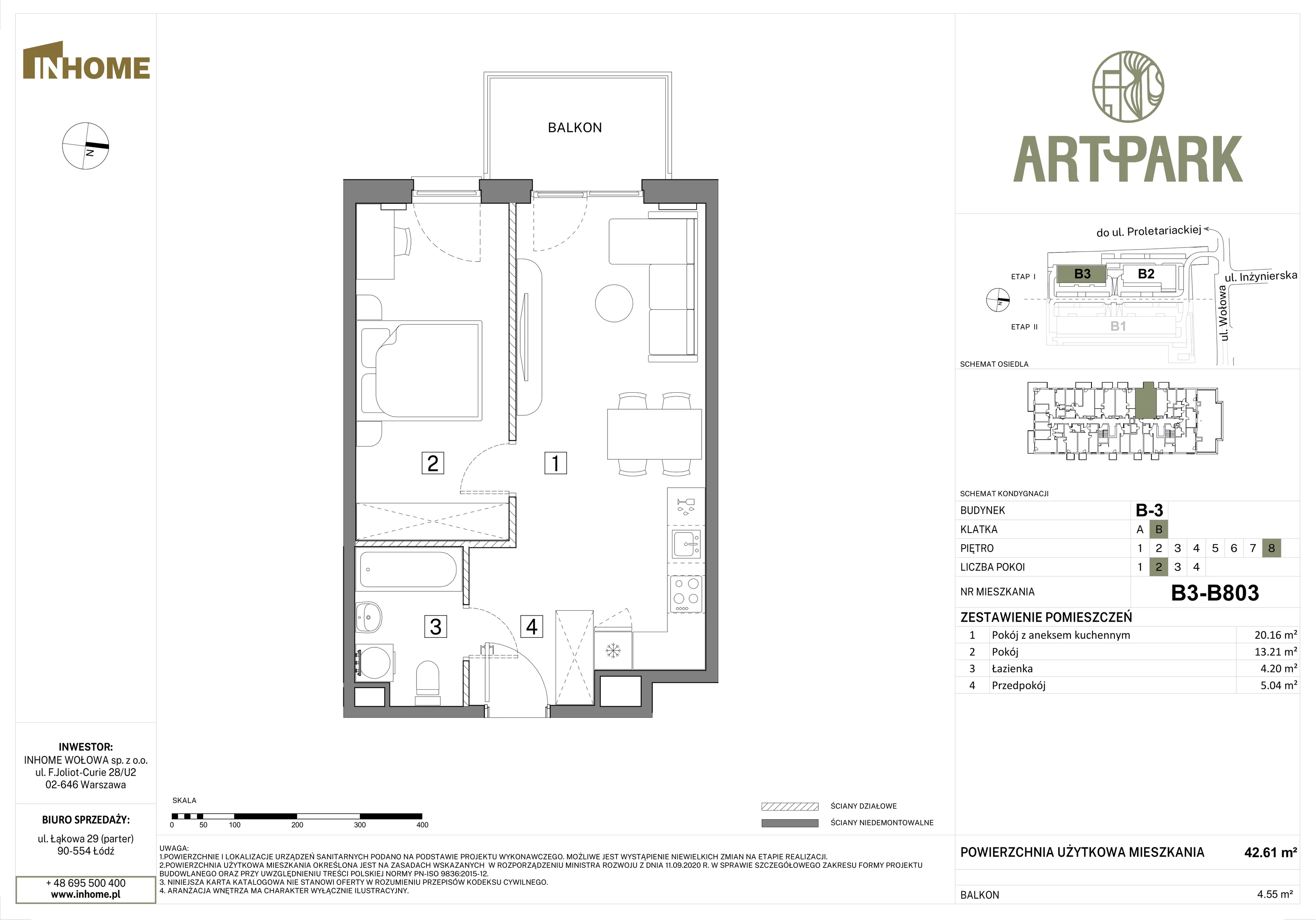 2 pokoje, mieszkanie 42,61 m², piętro 8, oferta nr B3/B803, Osiedle ArtPark, Łódź, Polesie, ul. Wołowa 4a