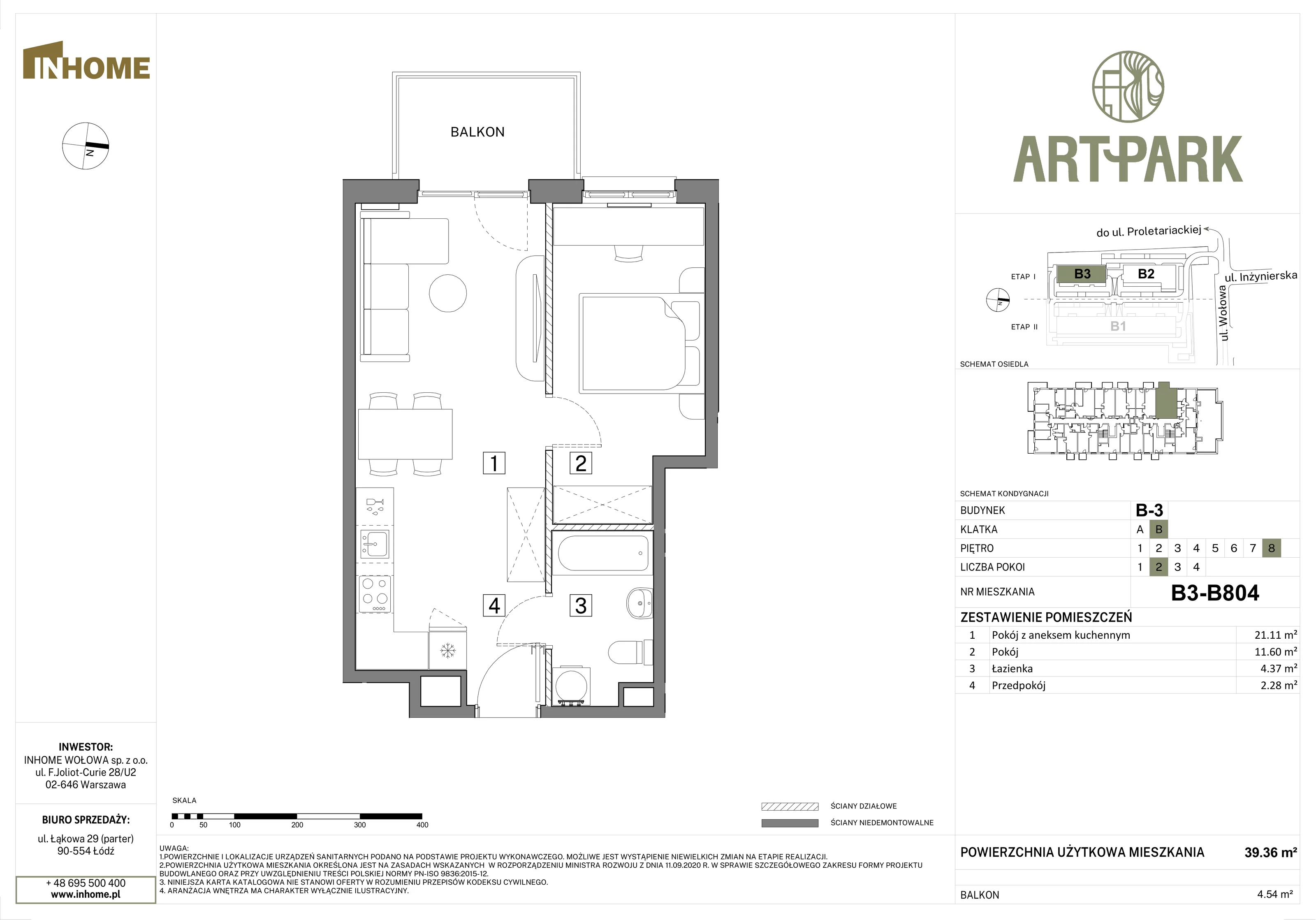 2 pokoje, mieszkanie 39,36 m², piętro 8, oferta nr B3/B804, Osiedle ArtPark, Łódź, Polesie, ul. Wołowa 4a